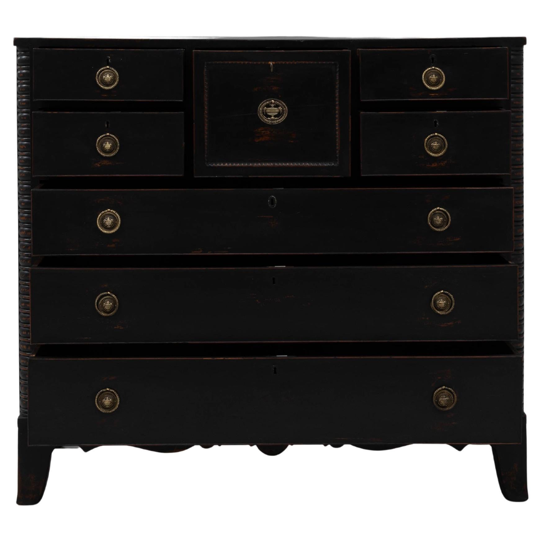 19th Century English Wood Black Patinated Chest Of Drawers