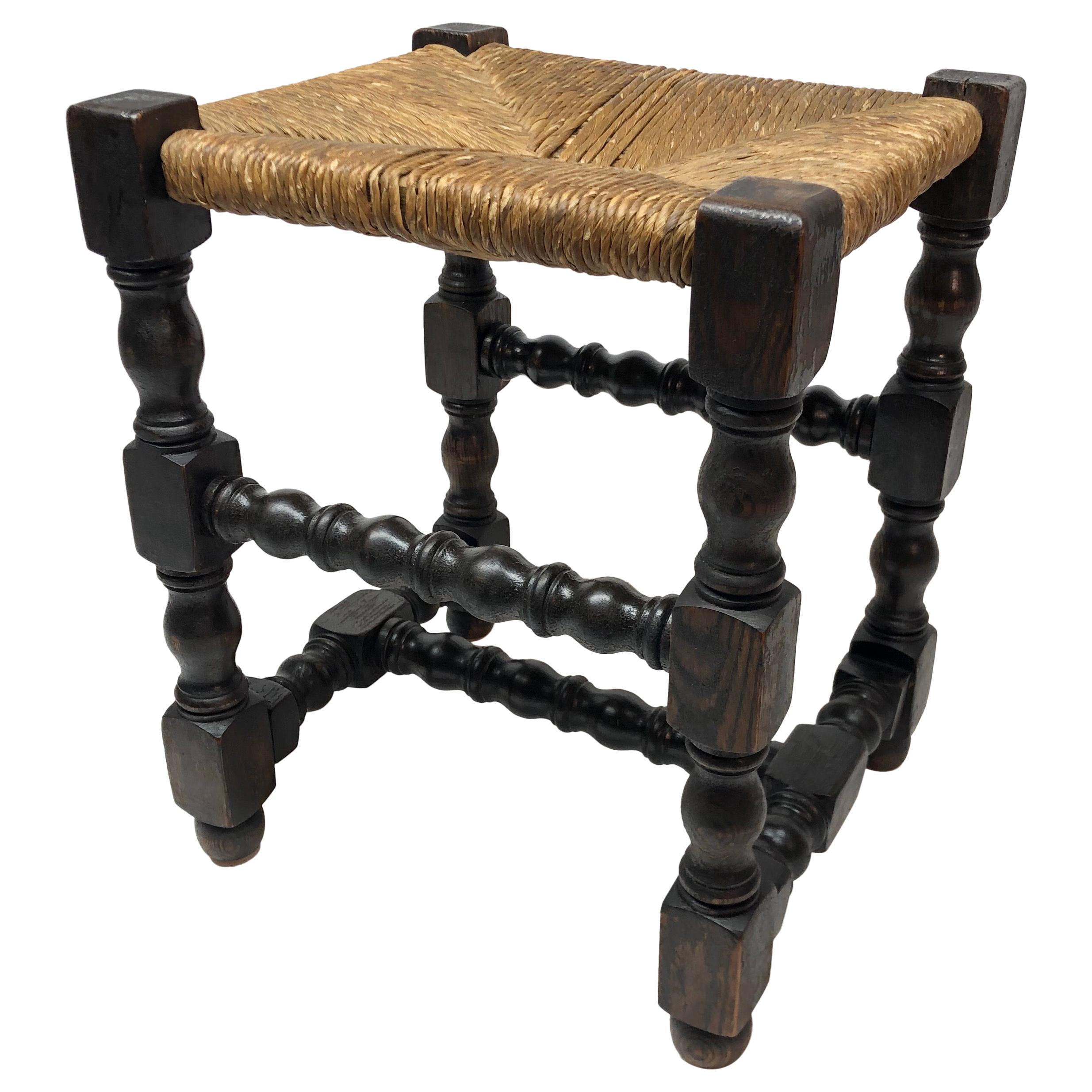 19th Century English Wood Stool with Rush Seat