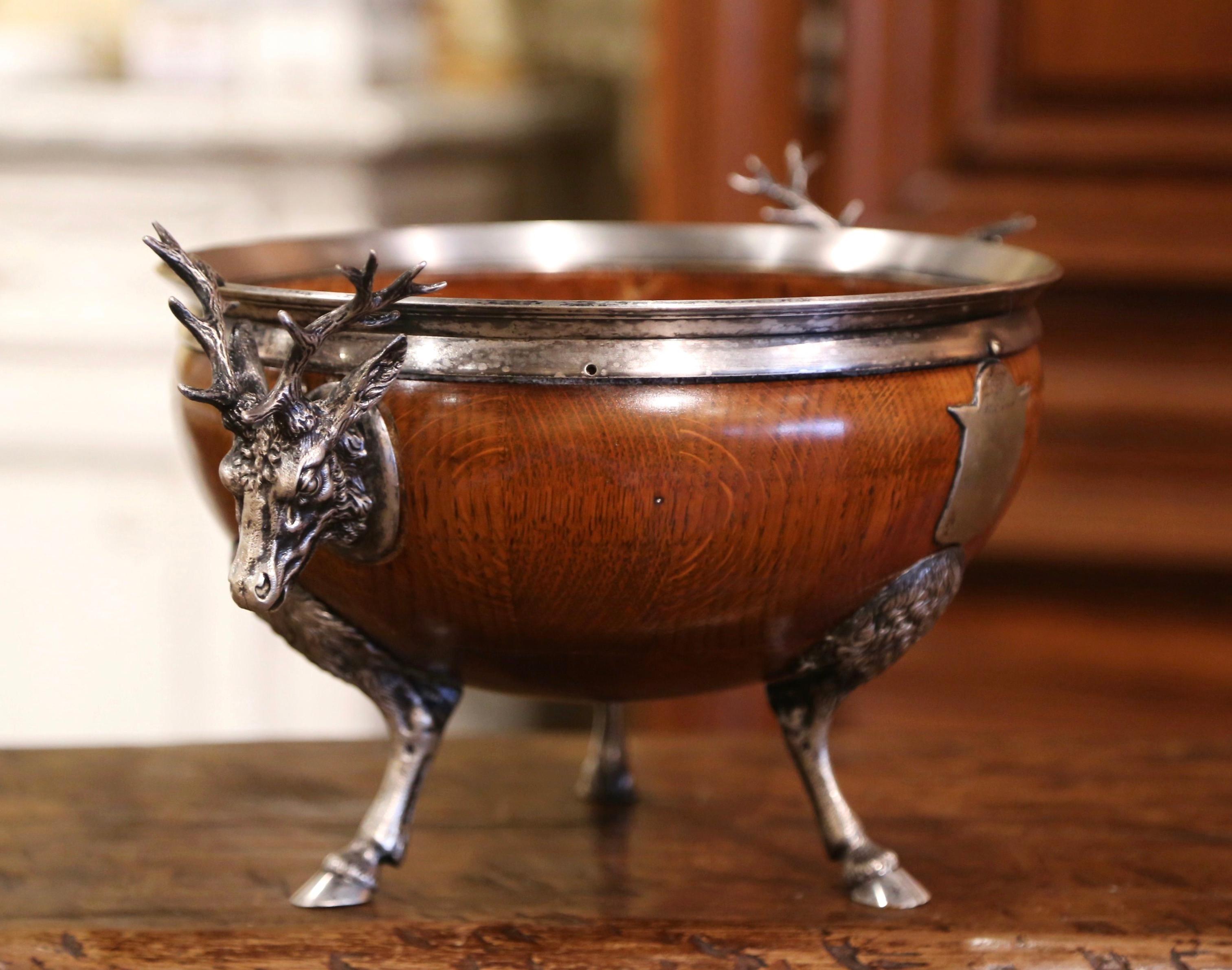 Hand-Crafted 19th Century English Wooden and Silver Plated Bowl on Hoof Feet with Deer Motifs