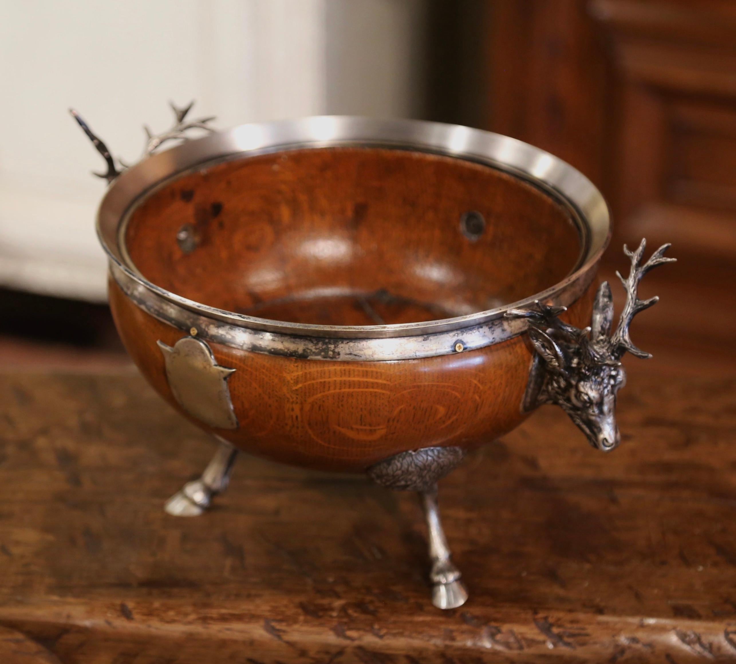 19th Century English Wooden and Silver Plated Bowl on Hoof Feet with Deer Motifs 2