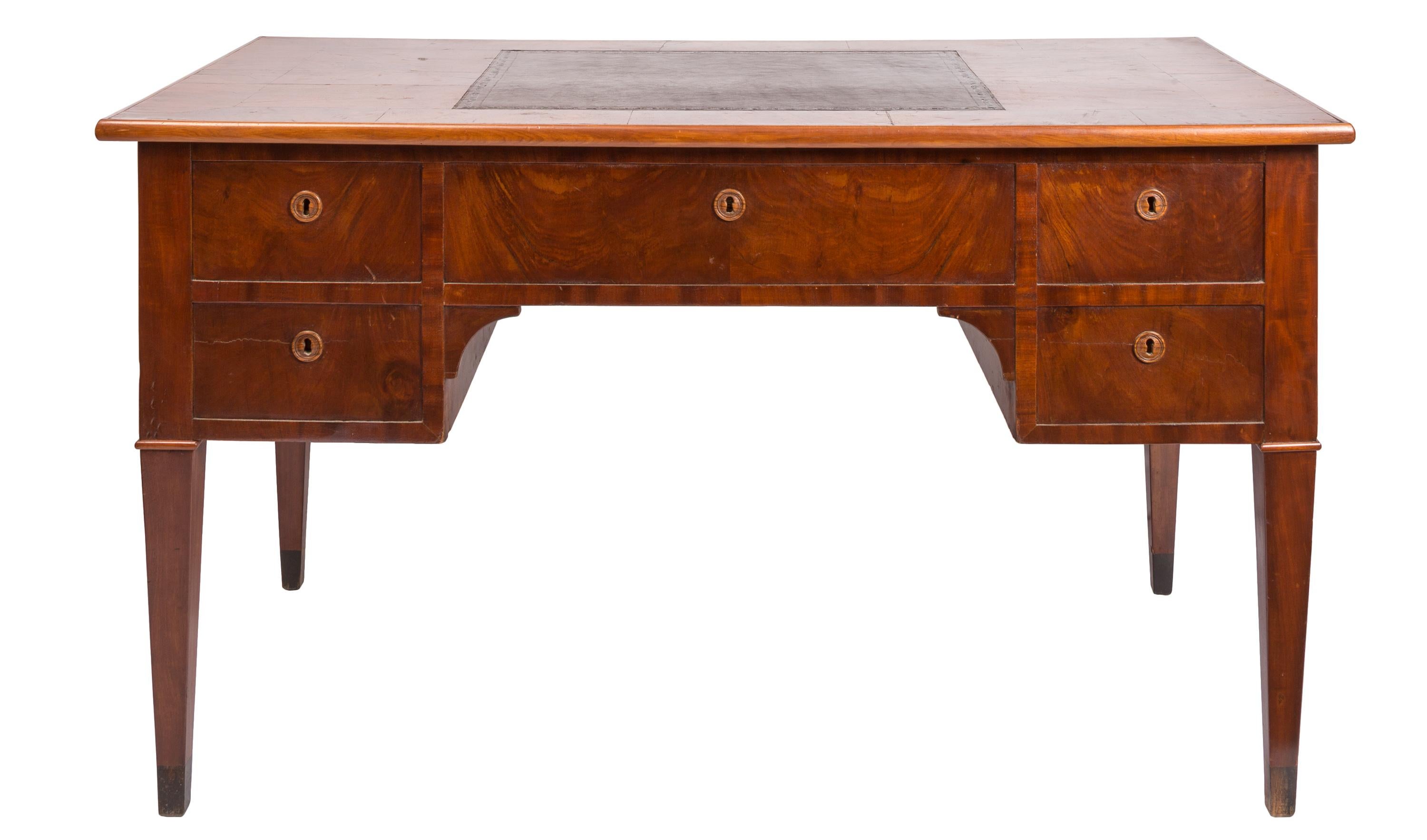 British 19th Century English Writing Desk, Partner Style, Leather Top, Wood Grain Veneer For Sale