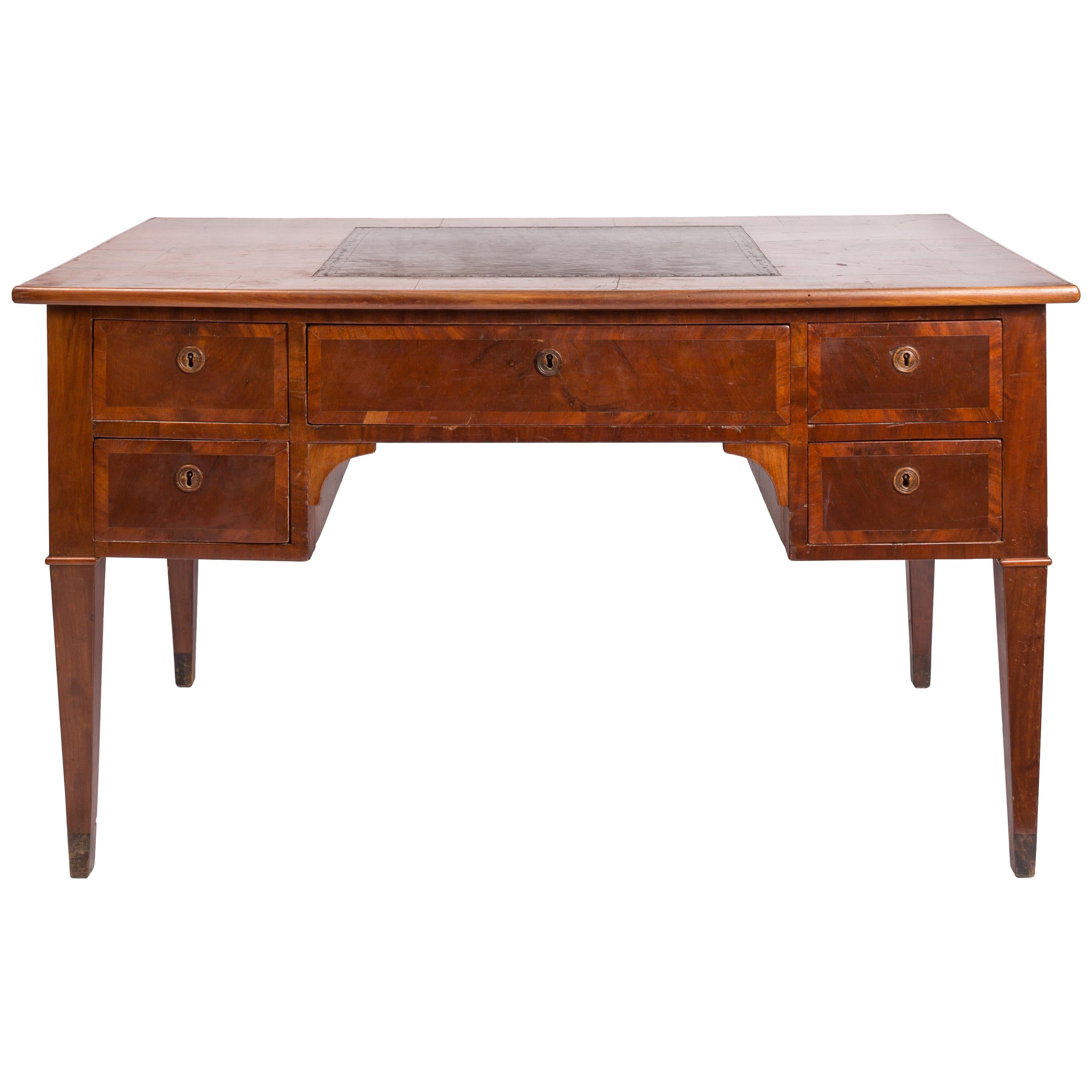 19th Century English Writing Desk, Partner Style, Leather Top, Wood Grain Veneer