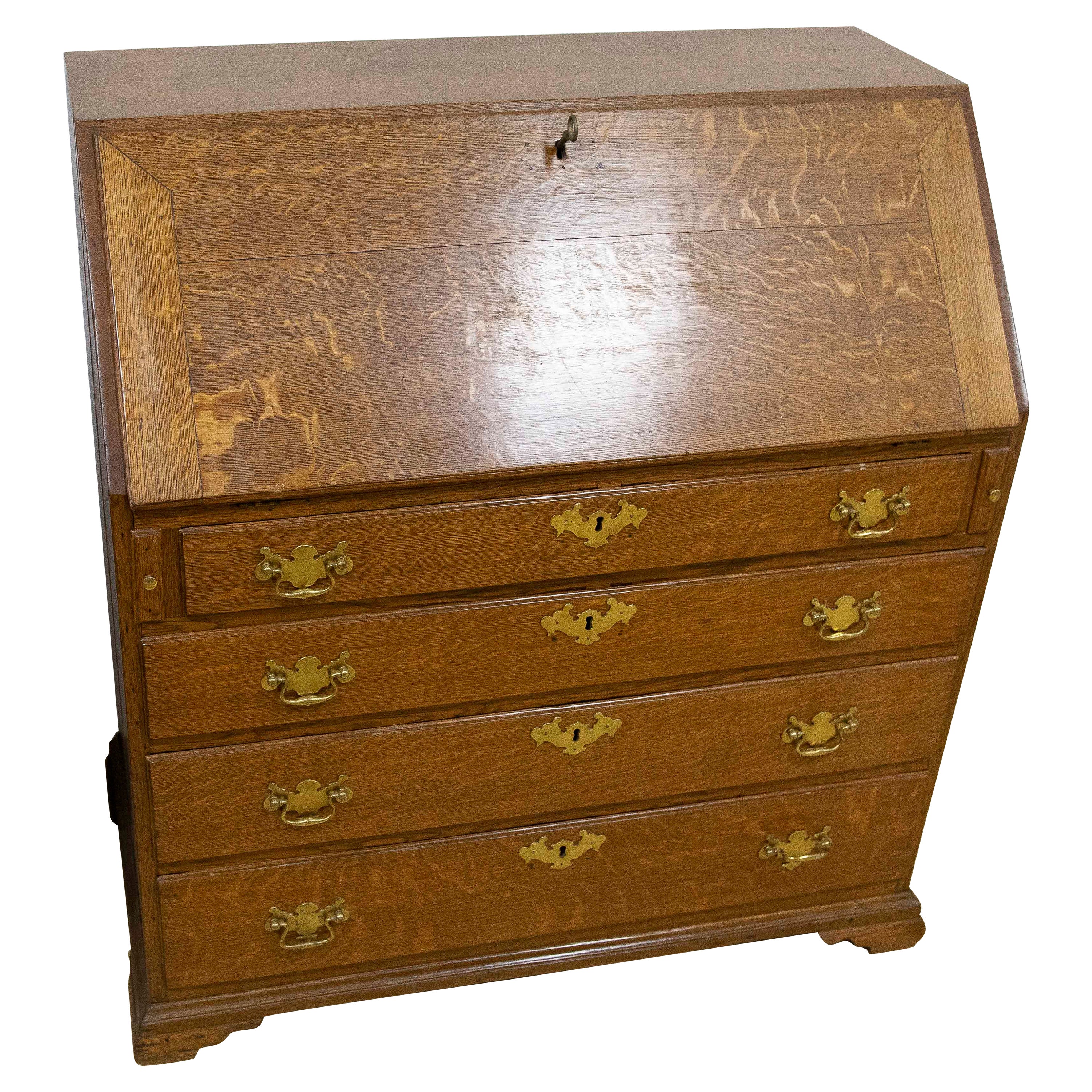 Bureau anglais du 19ème siècle avec tiroirs et porte à charnière et main d'origine
