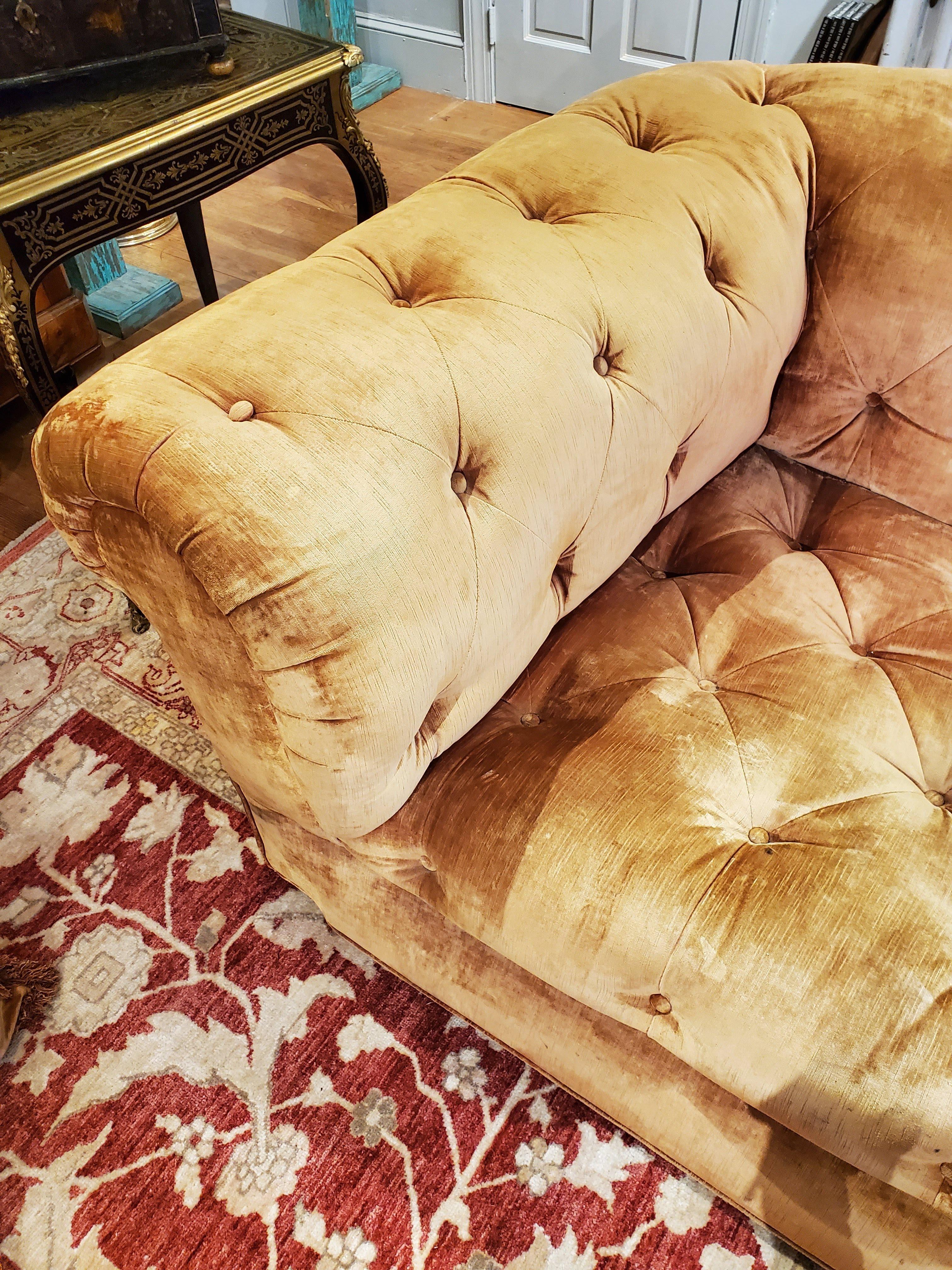 Large 19th Century English Yellow Gold Velvet Chesterfield 4