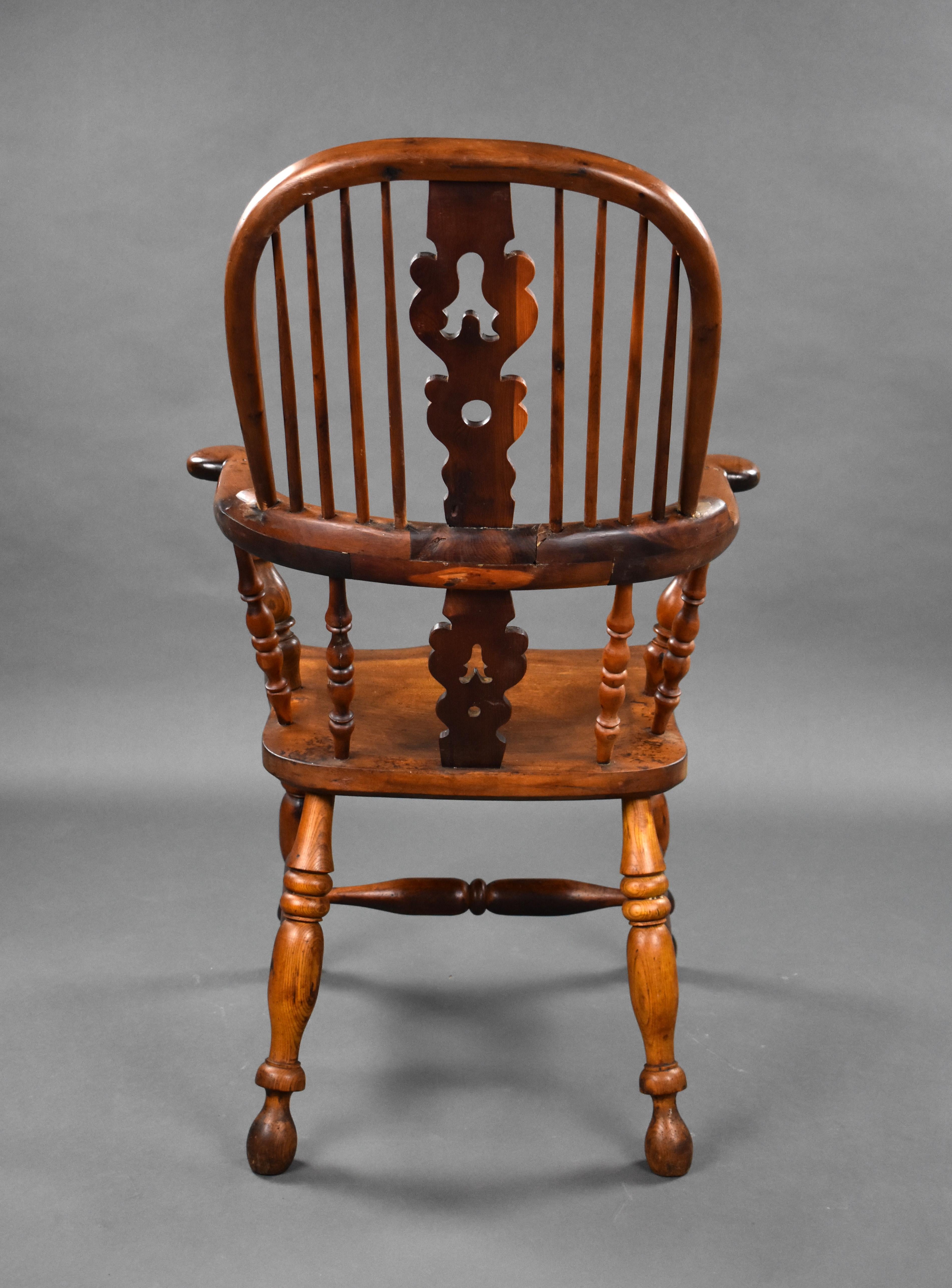Elm 19th Century English Yew Wood High Back Broad Arm Windsor Chair For Sale
