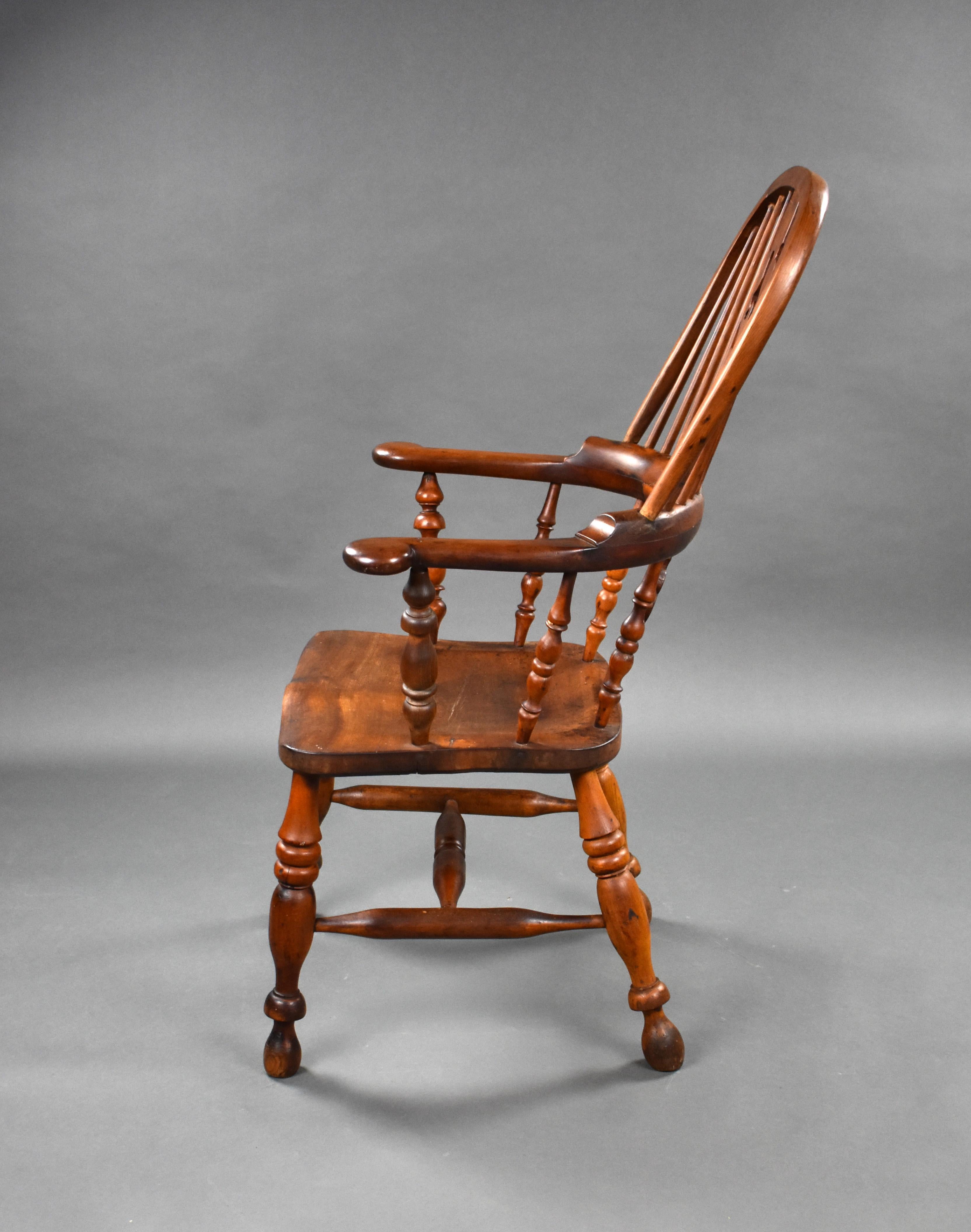 19th Century English Yew Wood High Back Broad Arm Windsor Chair For Sale 1