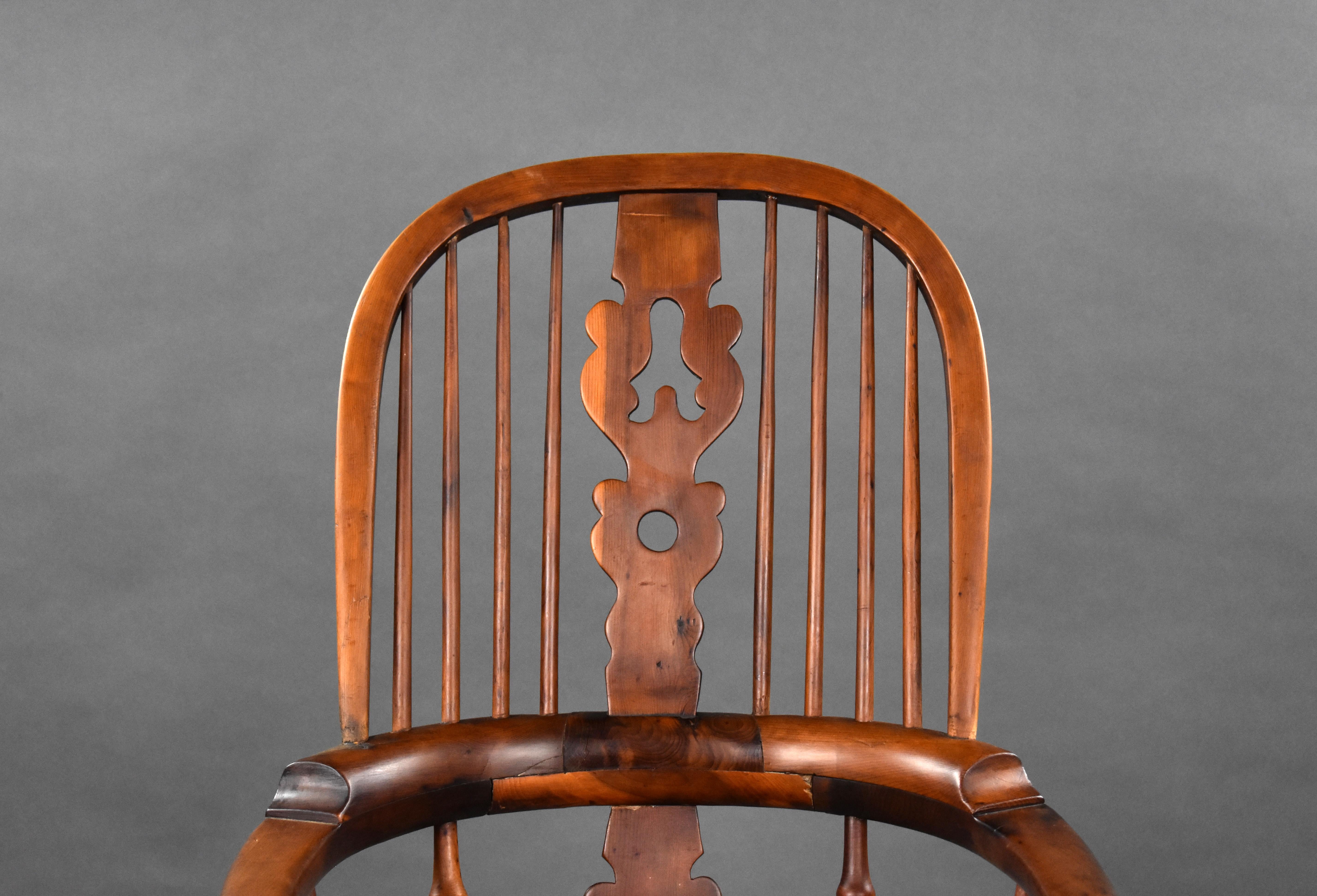 19th Century English Yew Wood High Back Broad Arm Windsor Chair For Sale 2