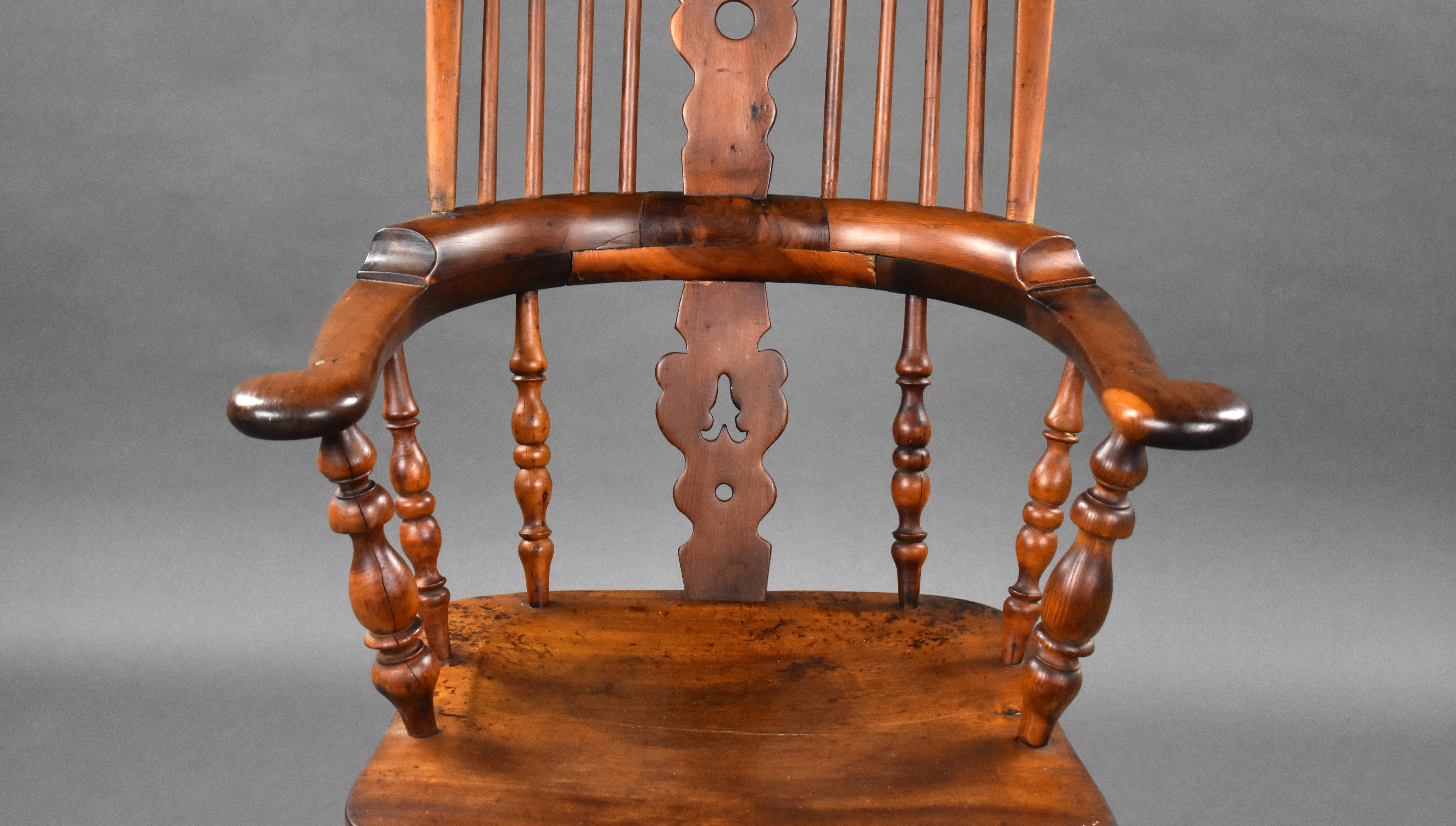19th Century English Yew Wood High Back Broad Arm Windsor Chair For Sale 3