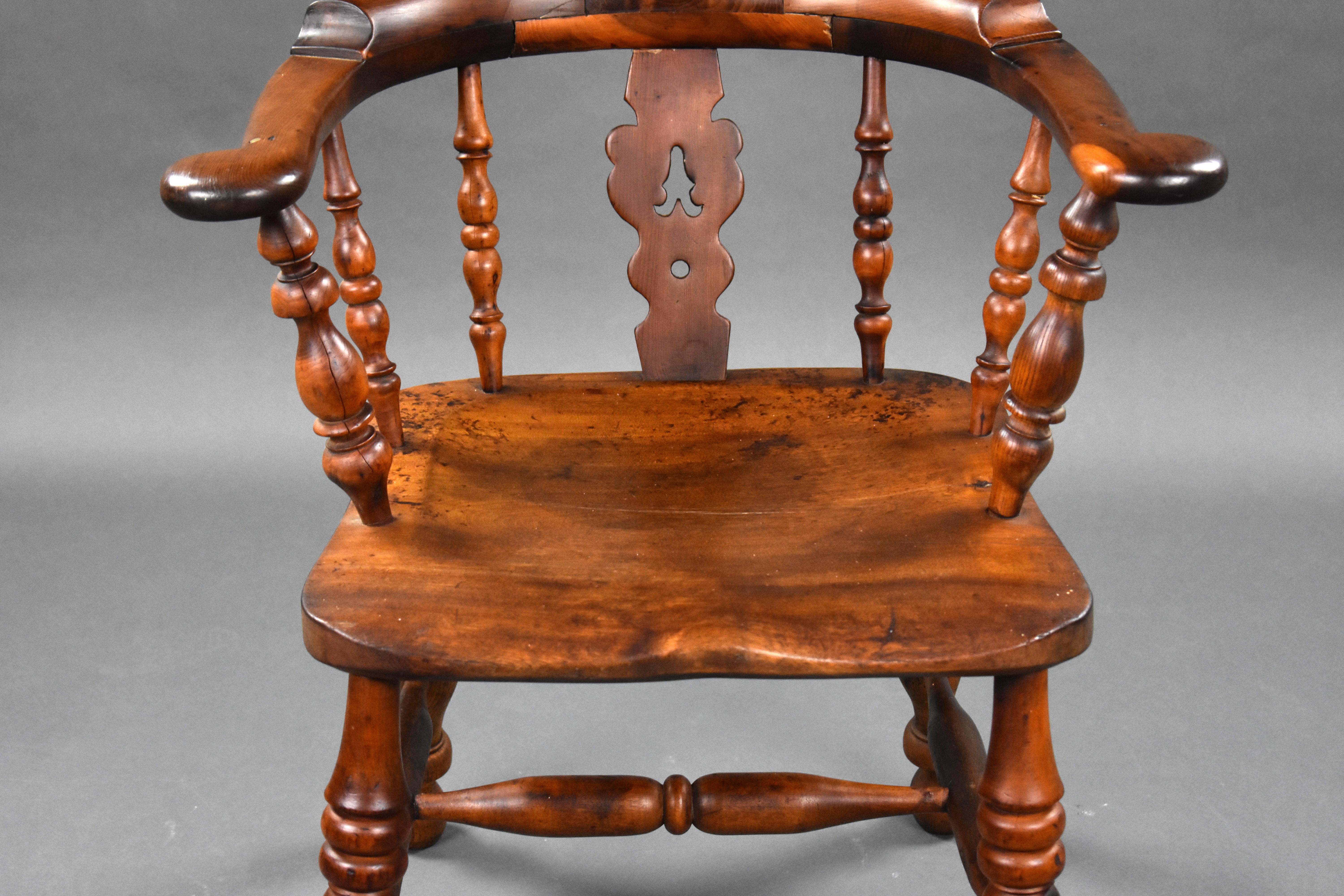 19th Century English Yew Wood High Back Broad Arm Windsor Chair For Sale 4