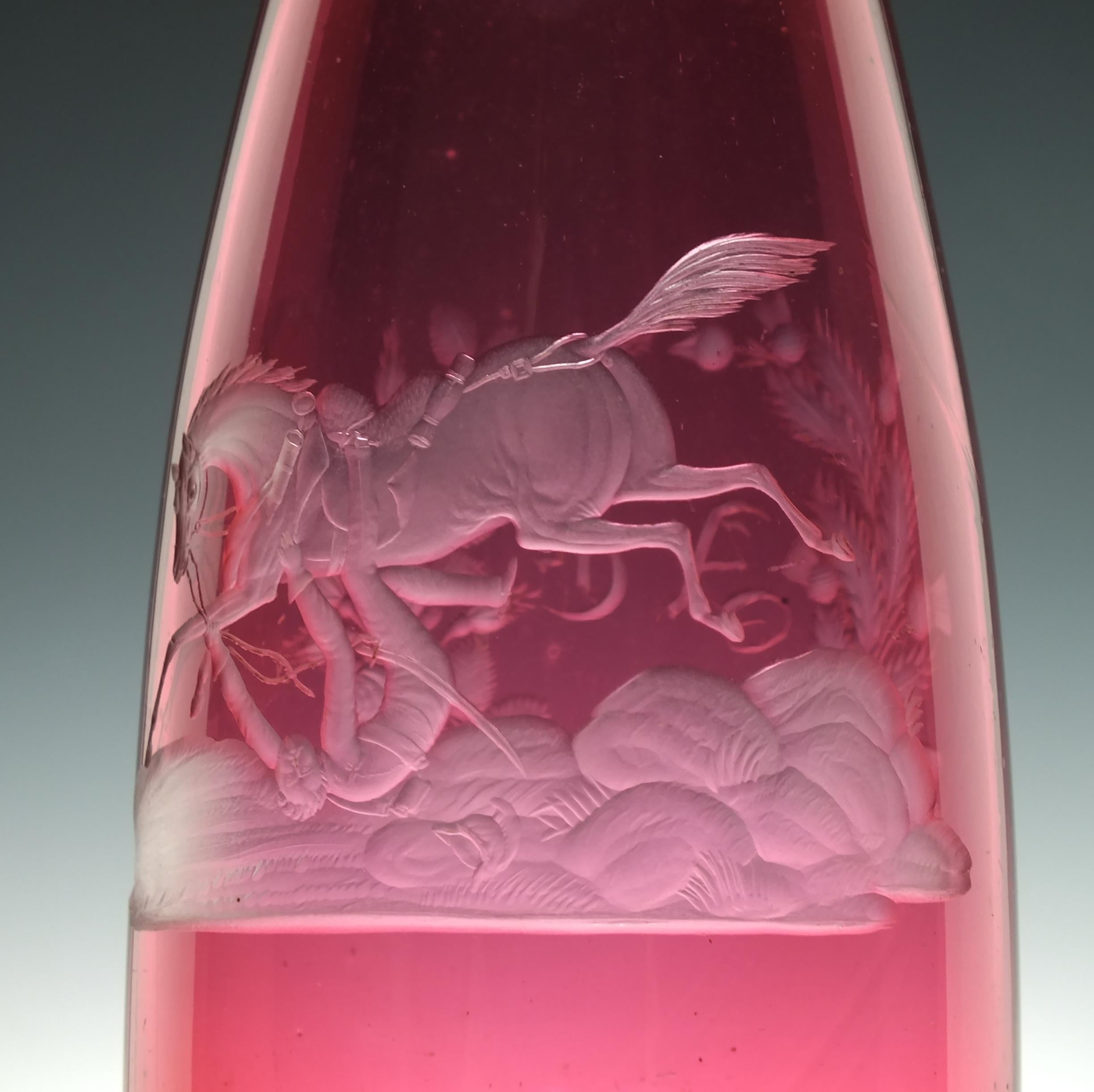 English 19th Century Engraved Cranberry Glass Serving Bottle, circa 1860 For Sale