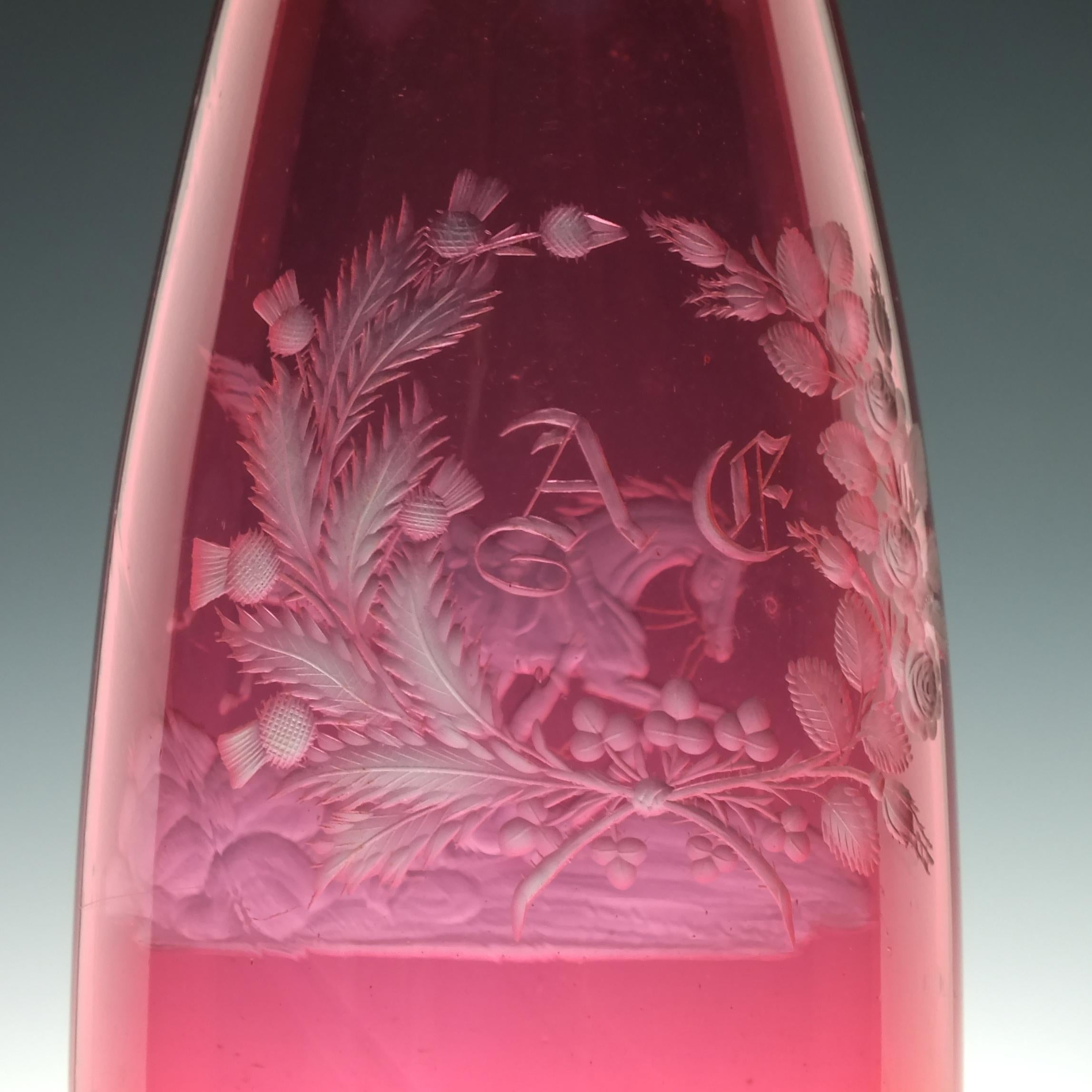 19th Century Engraved Cranberry Glass Serving Bottle, circa 1860 In Good Condition For Sale In Whitburn, GB