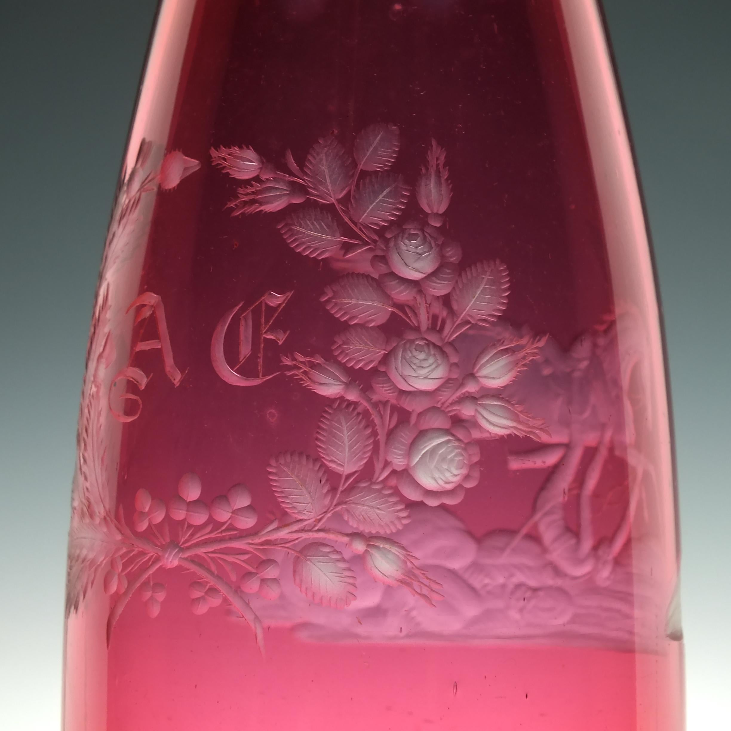 Mid-19th Century 19th Century Engraved Cranberry Glass Serving Bottle, circa 1860 For Sale