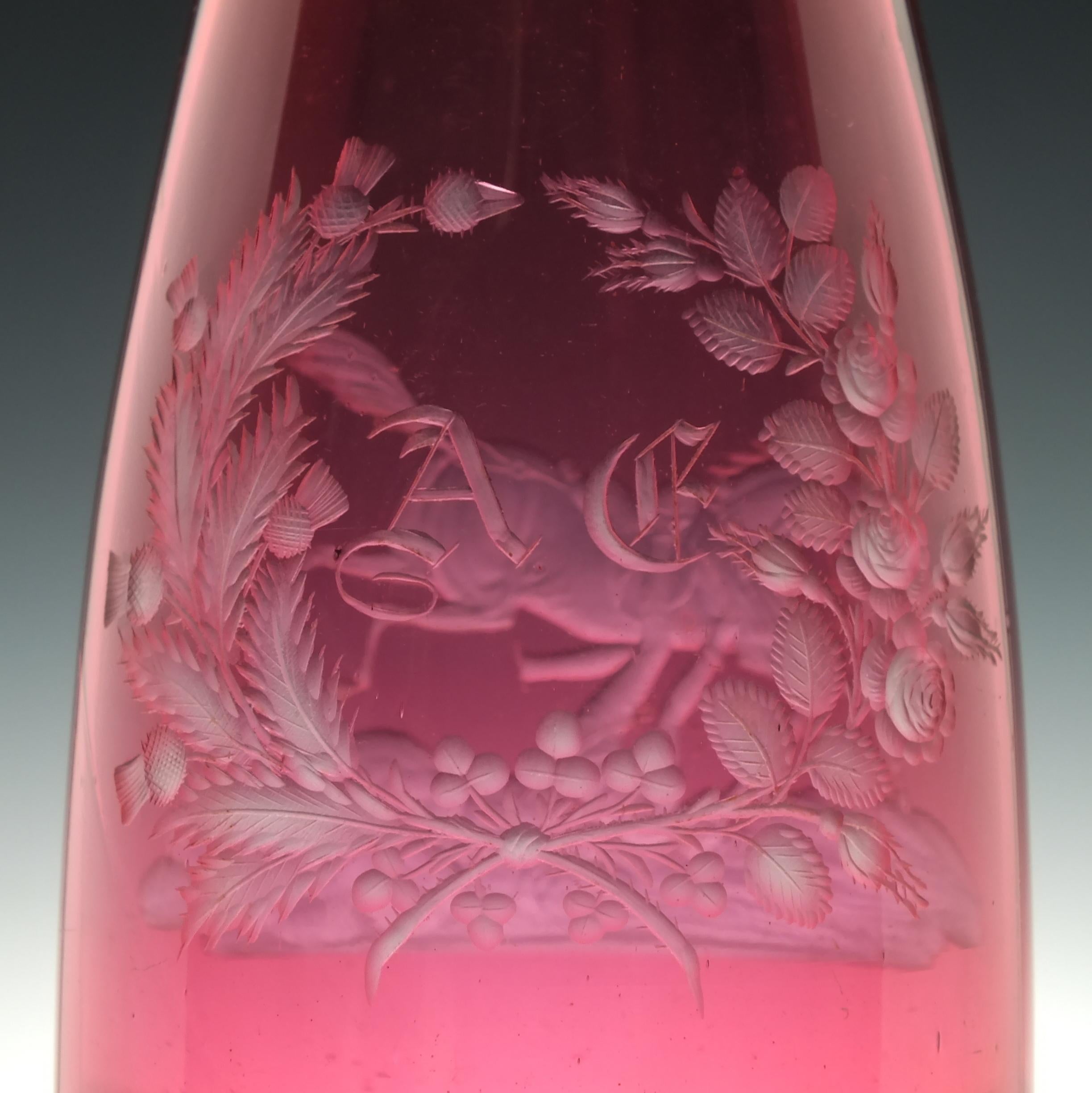 Blown Glass 19th Century Engraved Cranberry Glass Serving Bottle, circa 1860 For Sale