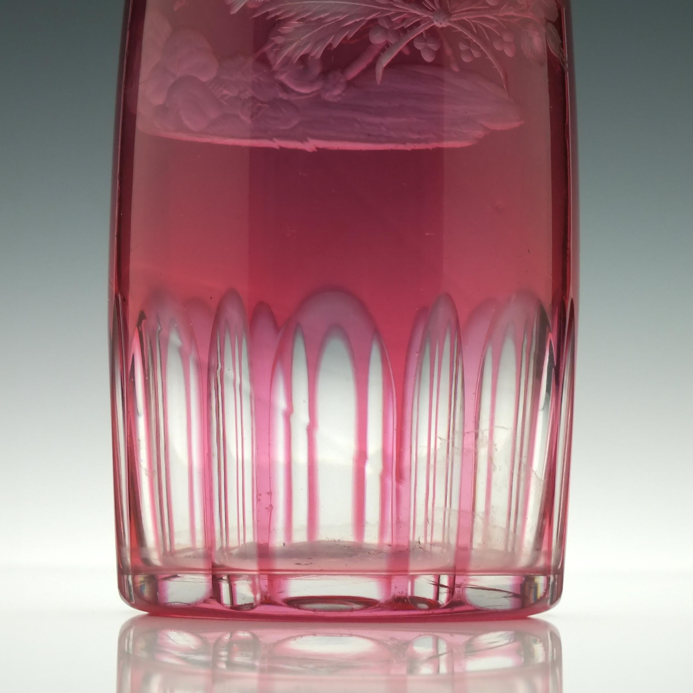 19th Century Engraved Cranberry Glass Serving Bottle, circa 1860 For Sale 2
