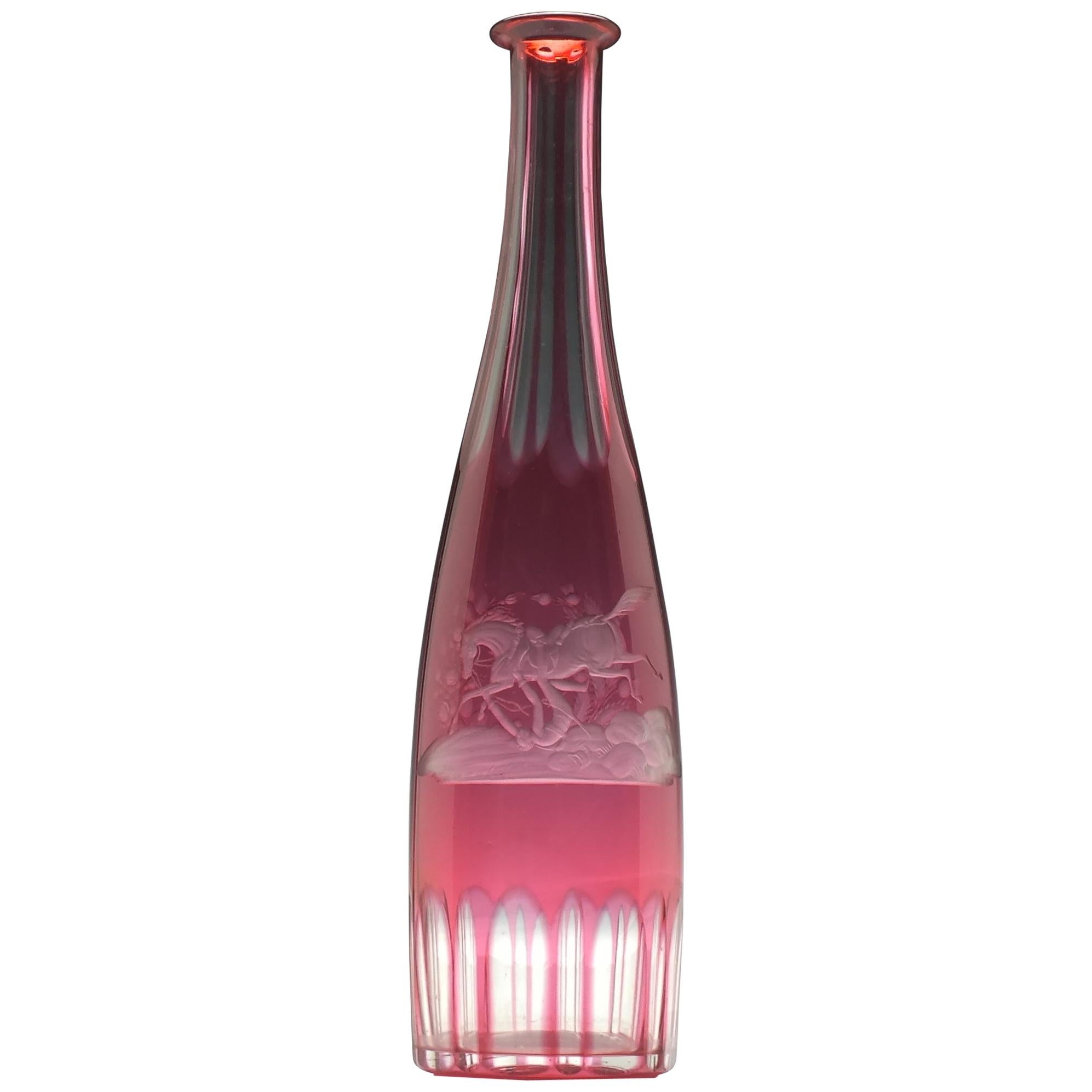 19th Century Engraved Cranberry Glass Serving Bottle, circa 1860 For Sale