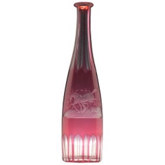 Antique 19th Century Engraved Cranberry Glass Serving Bottle, circa 1860
