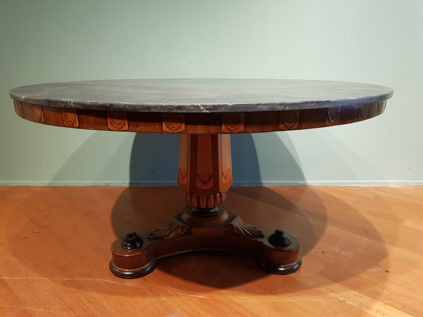 19th Century Engraved Wood Rounded Marquinia Marble Top Table, France Charles X 7