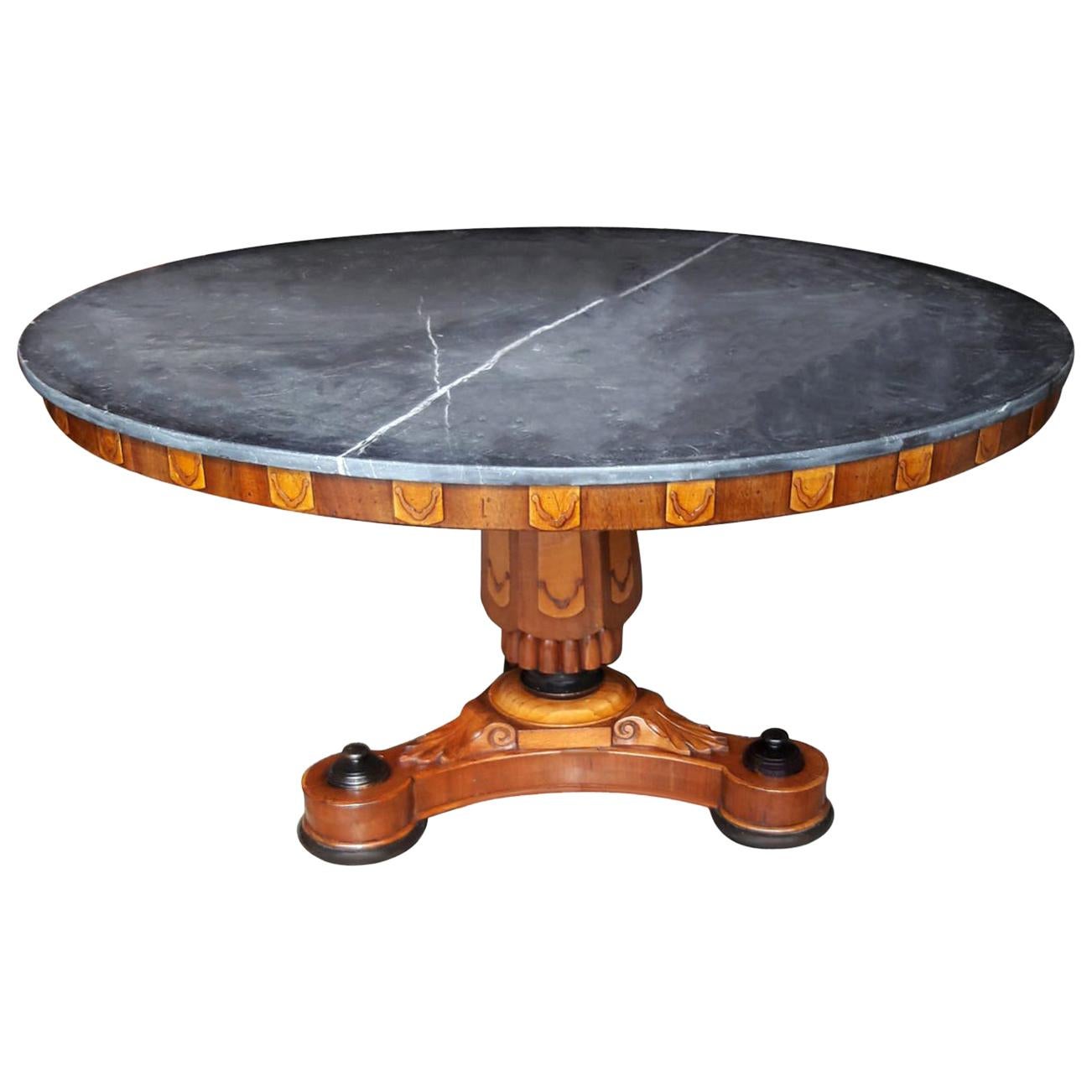 19th Century Engraved Wood Rounded Marquinia Marble Top Table, France Charles X