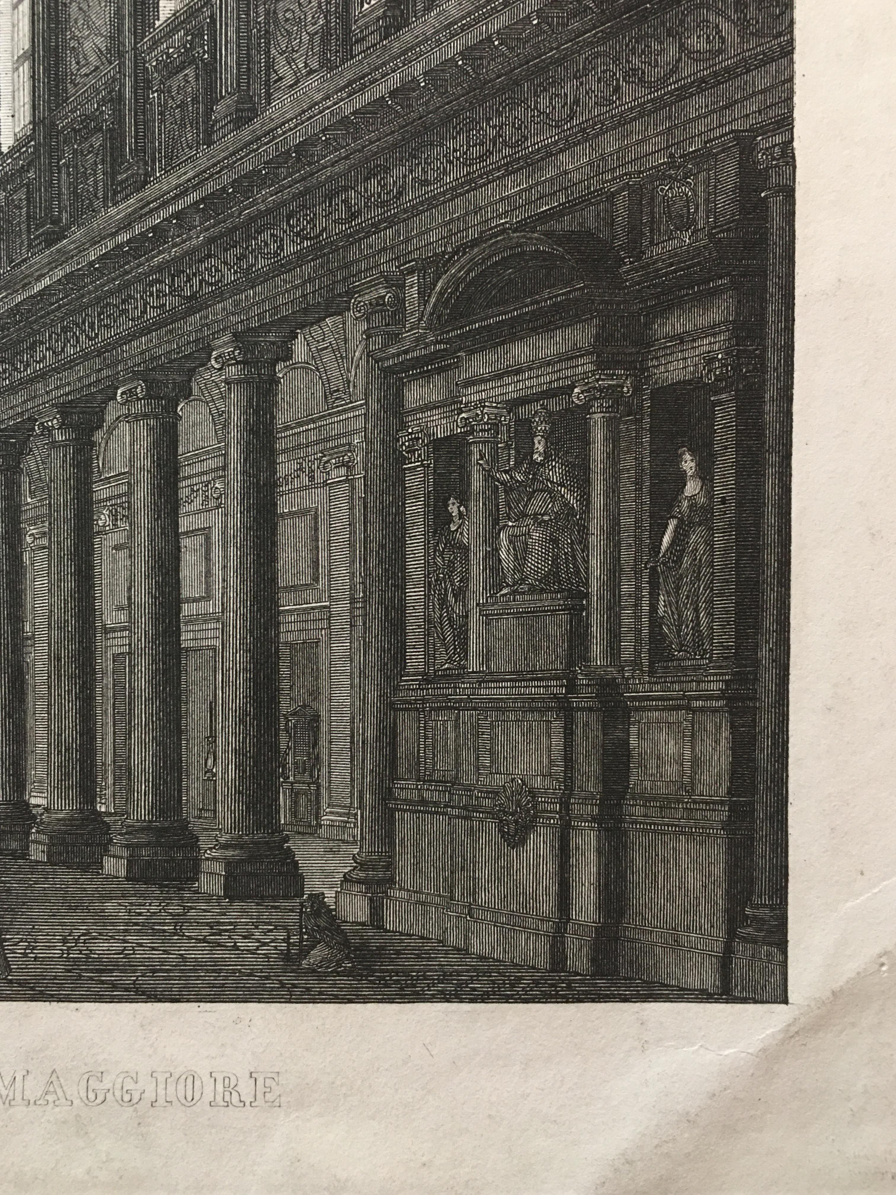 Italian Period Engraving Interior View of Santa Maria Maggiore in Rome