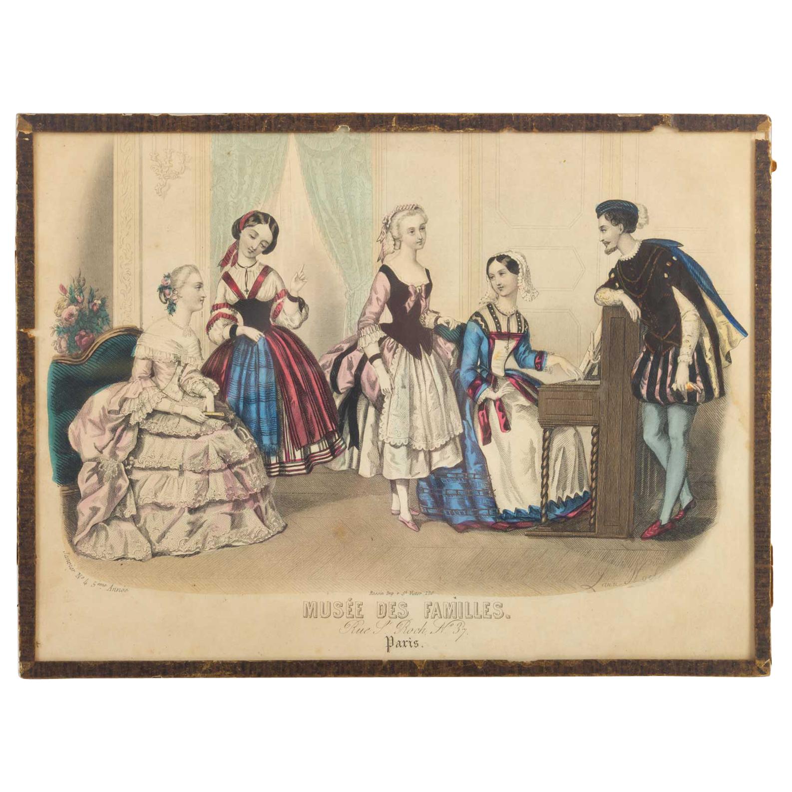 gravure du 19ème siècle:: sous verre:: représentant "le musée de la famille" en vente