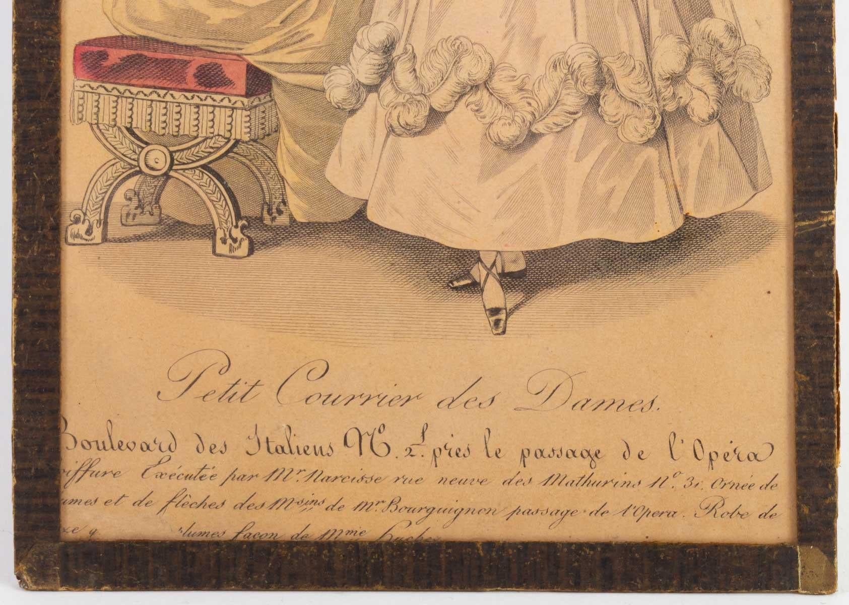 Français gravure du 19ème siècle:: sous verre:: représentant un avant et un arrière élégants en vente