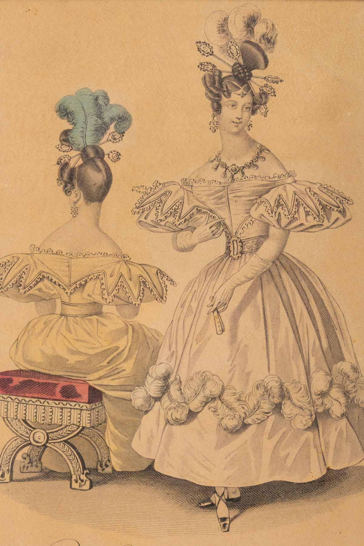 Gravure du 19ème siècle, sous verre, représentant une façade et un dos élégants Bon état - En vente à Saint-Ouen, FR