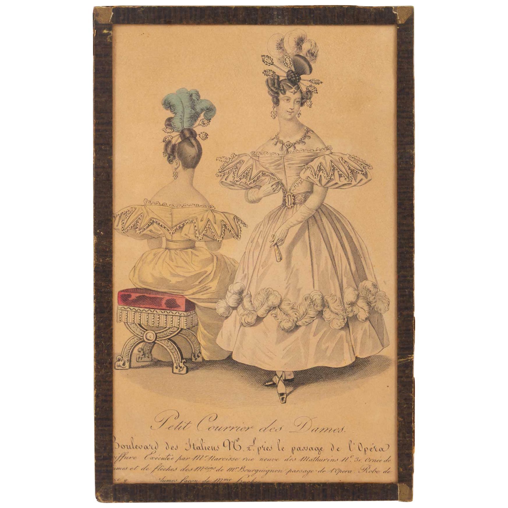 gravure du 19ème siècle:: sous verre:: représentant un avant et un arrière élégants en vente