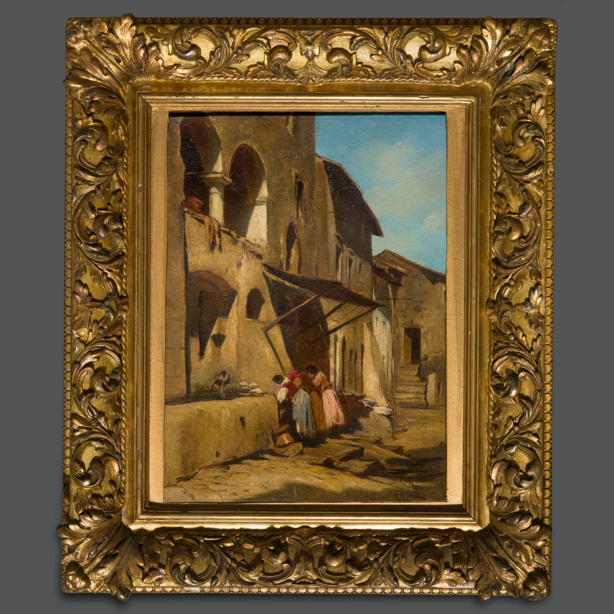 An important painting by one of the most representative Italian artists of the 19th century, Enrico Coleman.
It depicts a village most probably from Lazio, perhaps a glimpse of Anticoli Corrado, the town famous for the attractiveness of its models,