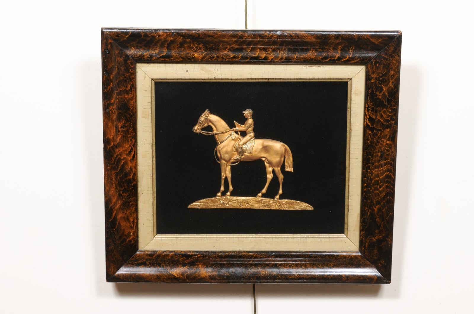 19th Century Equestrian Gilt Bronze Mounted on Fabric in Faux Bois Painted Frame 8