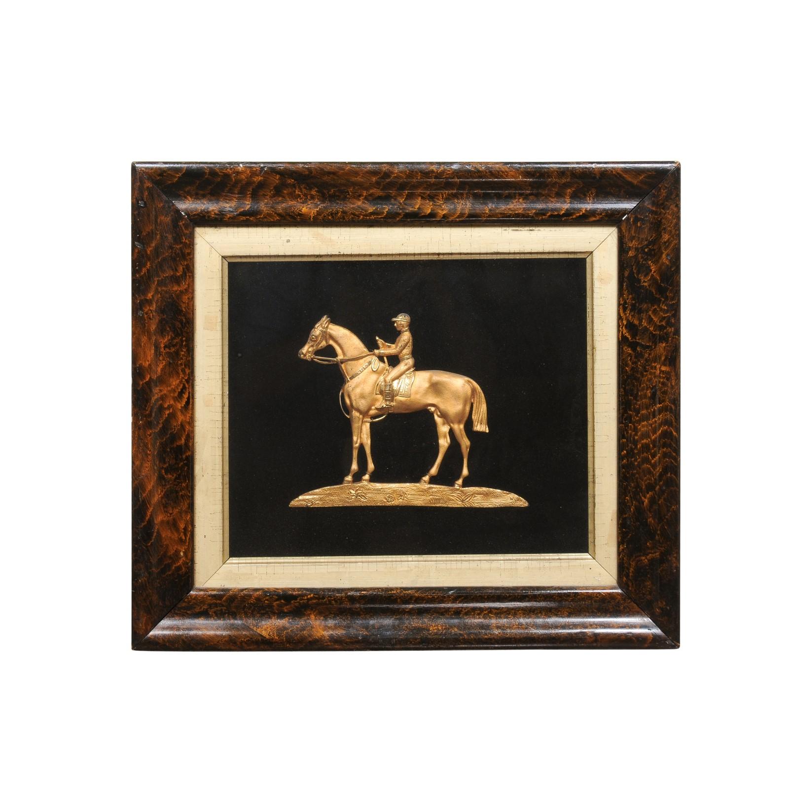 19th Century Equestrian Gilt Bronze Mounted on Fabric in Faux Bois Painted Frame In Good Condition In Atlanta, GA