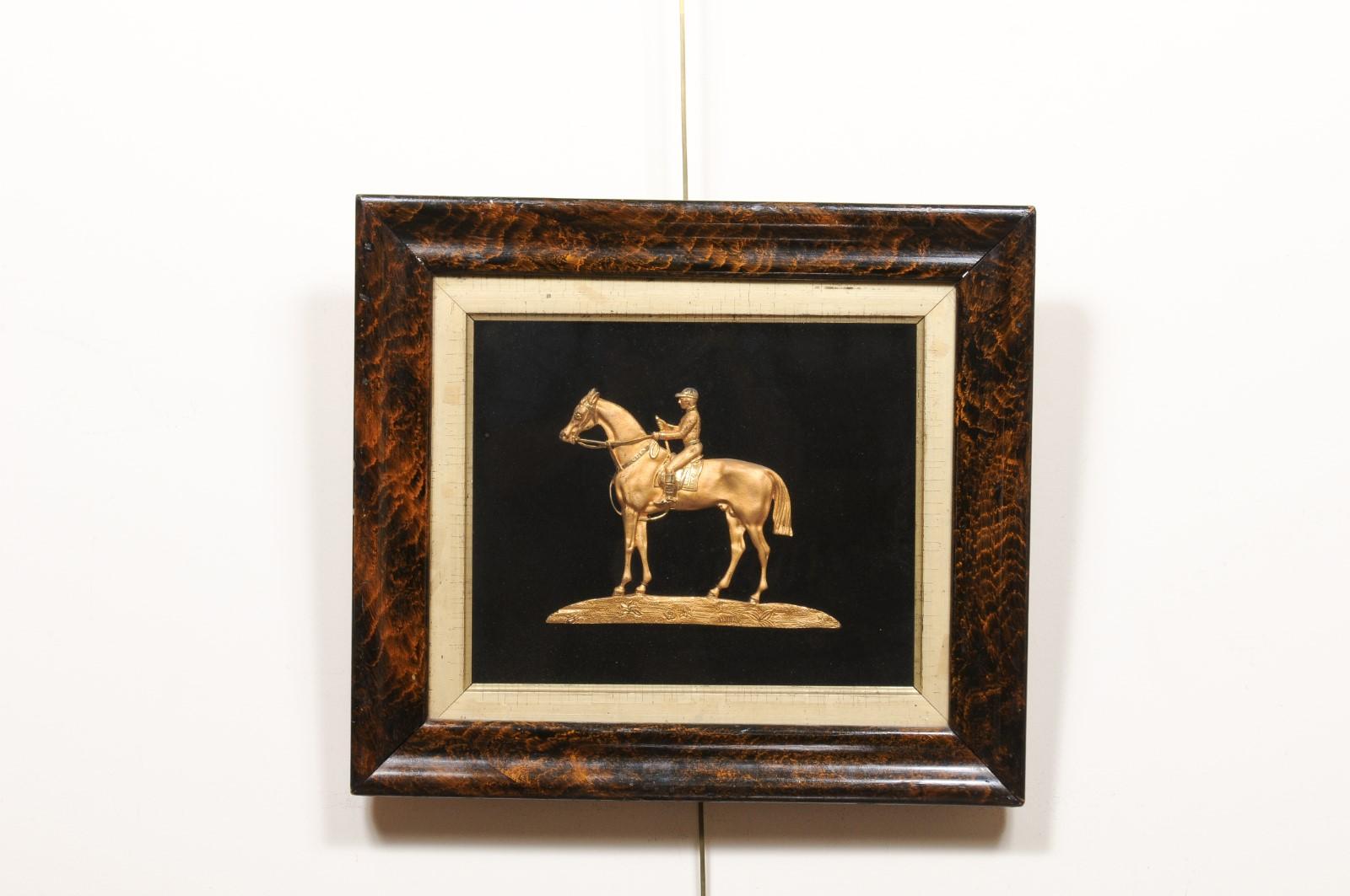 19th Century Equestrian Gilt Bronze Mounted on Fabric in Faux Bois Painted Frame 1