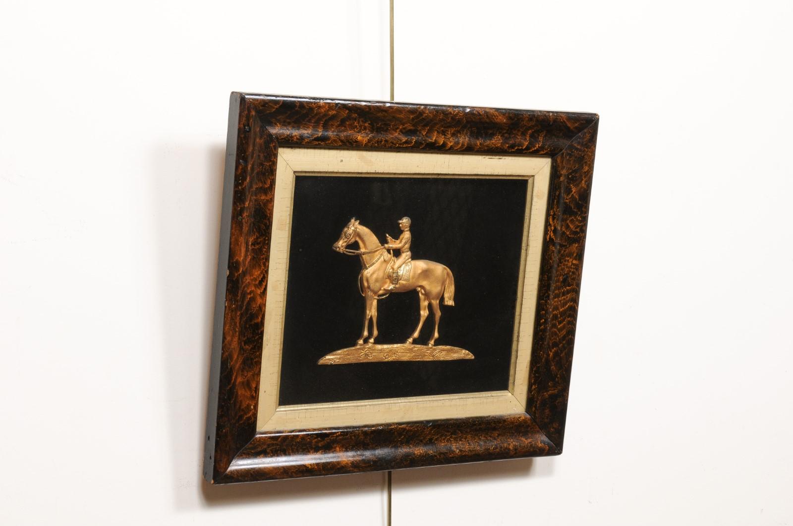 19th Century Equestrian Gilt Bronze Mounted on Fabric in Faux Bois Painted Frame 3