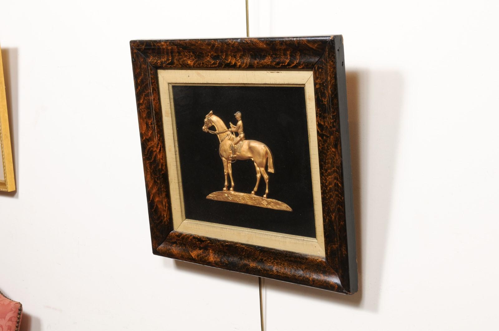 19th Century Equestrian Gilt Bronze Mounted on Fabric in Faux Bois Painted Frame 4