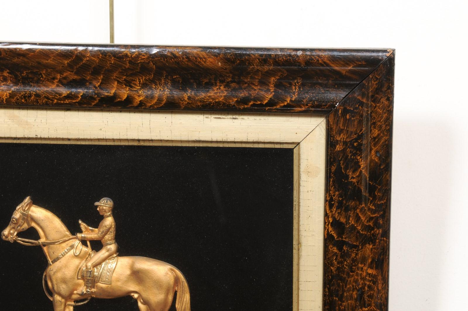 19th Century Equestrian Gilt Bronze Mounted on Fabric in Faux Bois Painted Frame 6