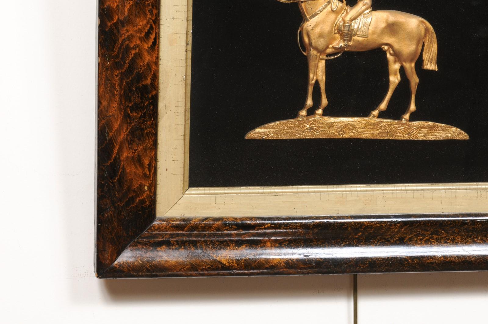 19th Century Equestrian Gilt Bronze Mounted on Fabric in Faux Bois Painted Frame 7