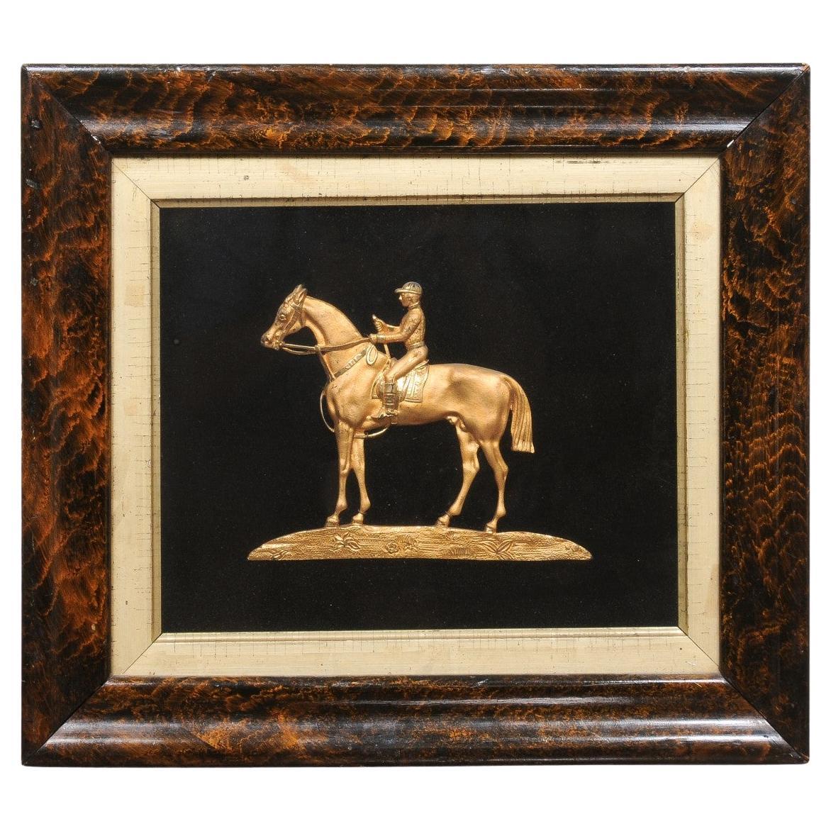 19th Century Equestrian Gilt Bronze Mounted on Fabric in Faux Bois Painted Frame