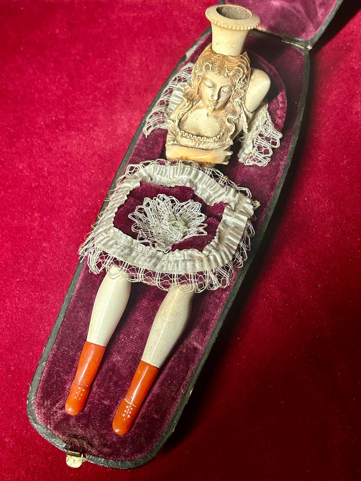 19th Century Erotic Meerschaum Pipe & Cheroot Holders of a Woman in Bed For Sale 3