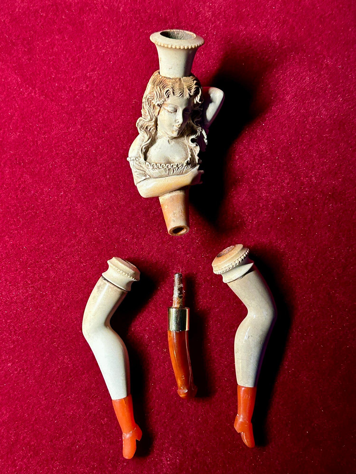 19th Century Erotic Meerschaum Pipe & Cheroot Holders of a Woman in Bed For Sale 5