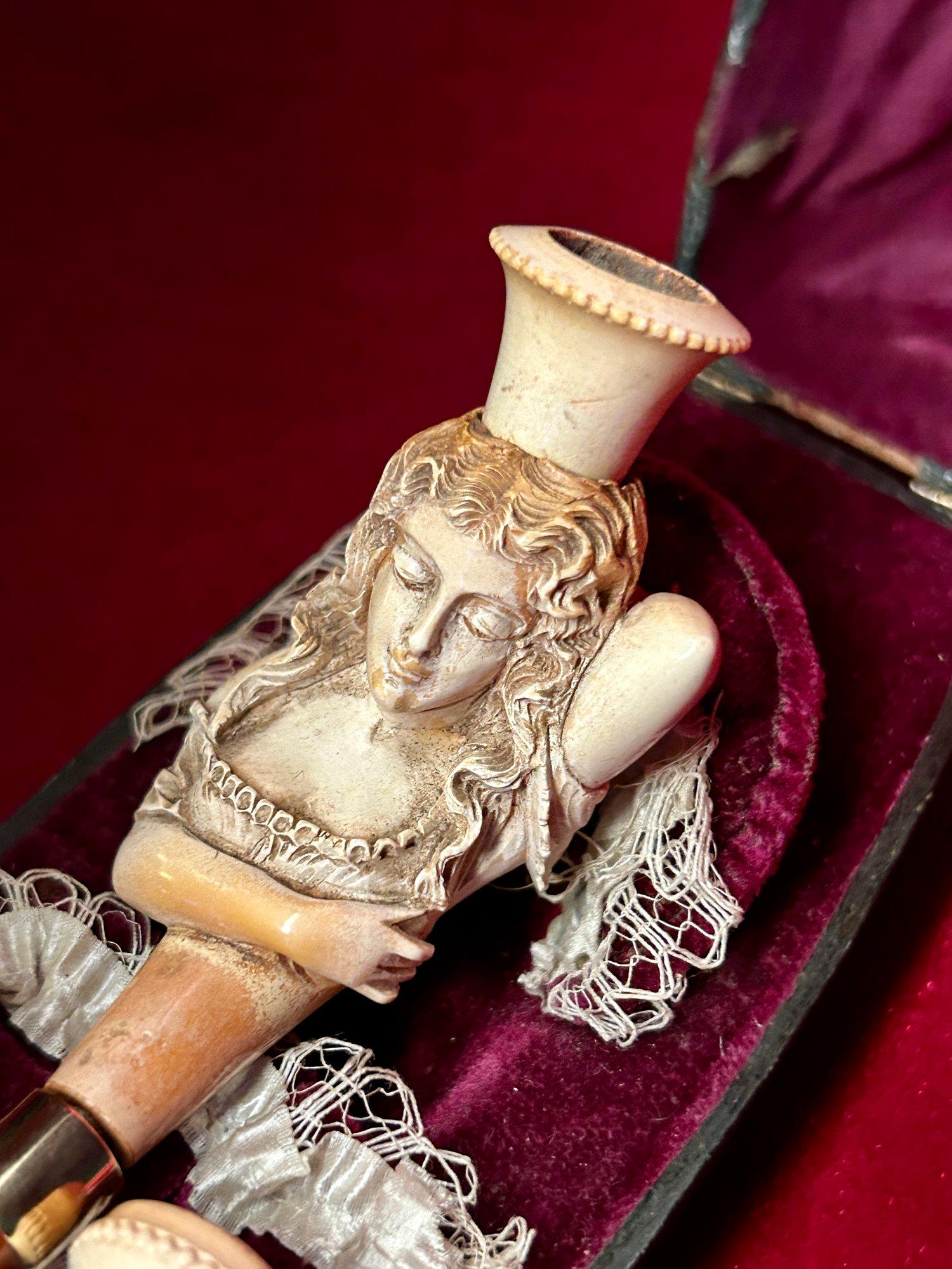 Victorian 19th Century Erotic Meerschaum Pipe & Cheroot Holders of a Woman in Bed For Sale