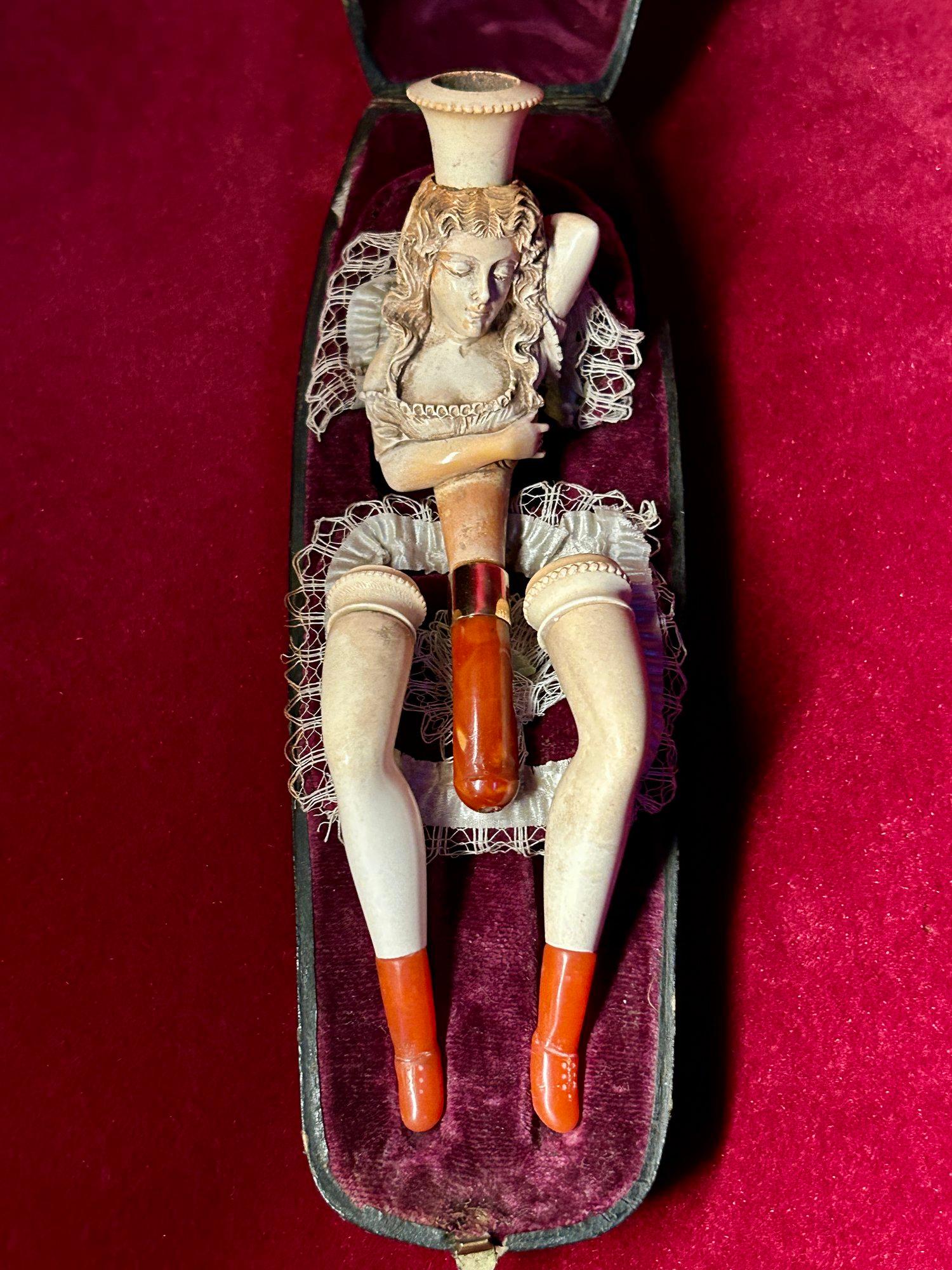 Austrian 19th Century Erotic Meerschaum Pipe & Cheroot Holders of a Woman in Bed For Sale
