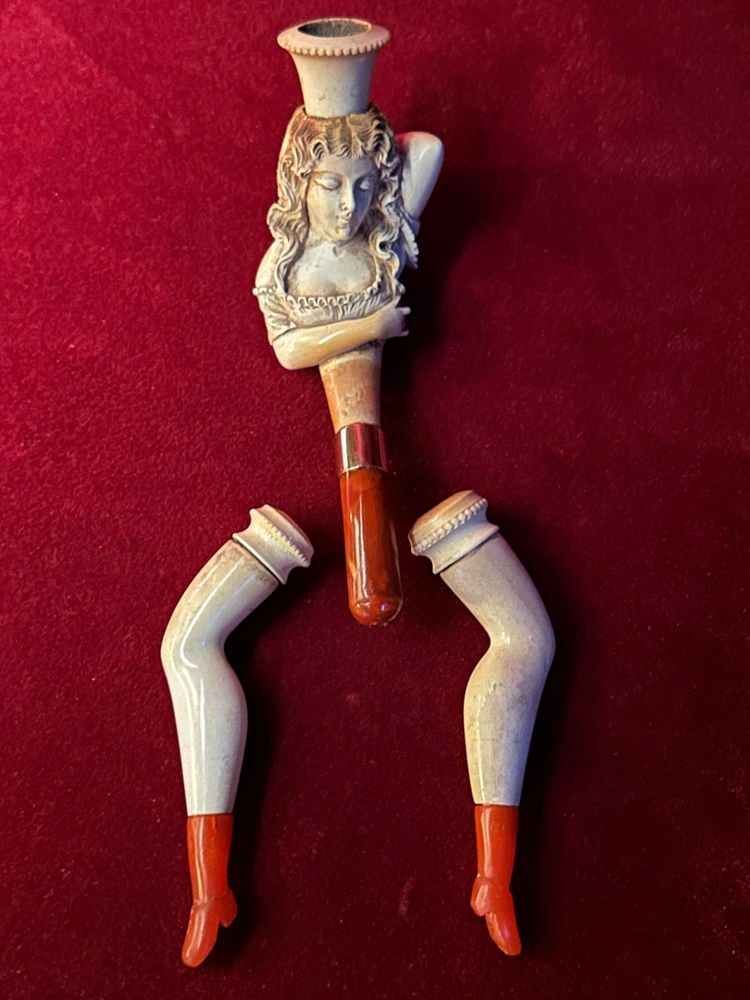 Leather 19th Century Erotic Meerschaum Pipe & Cheroot Holders of a Woman in Bed For Sale
