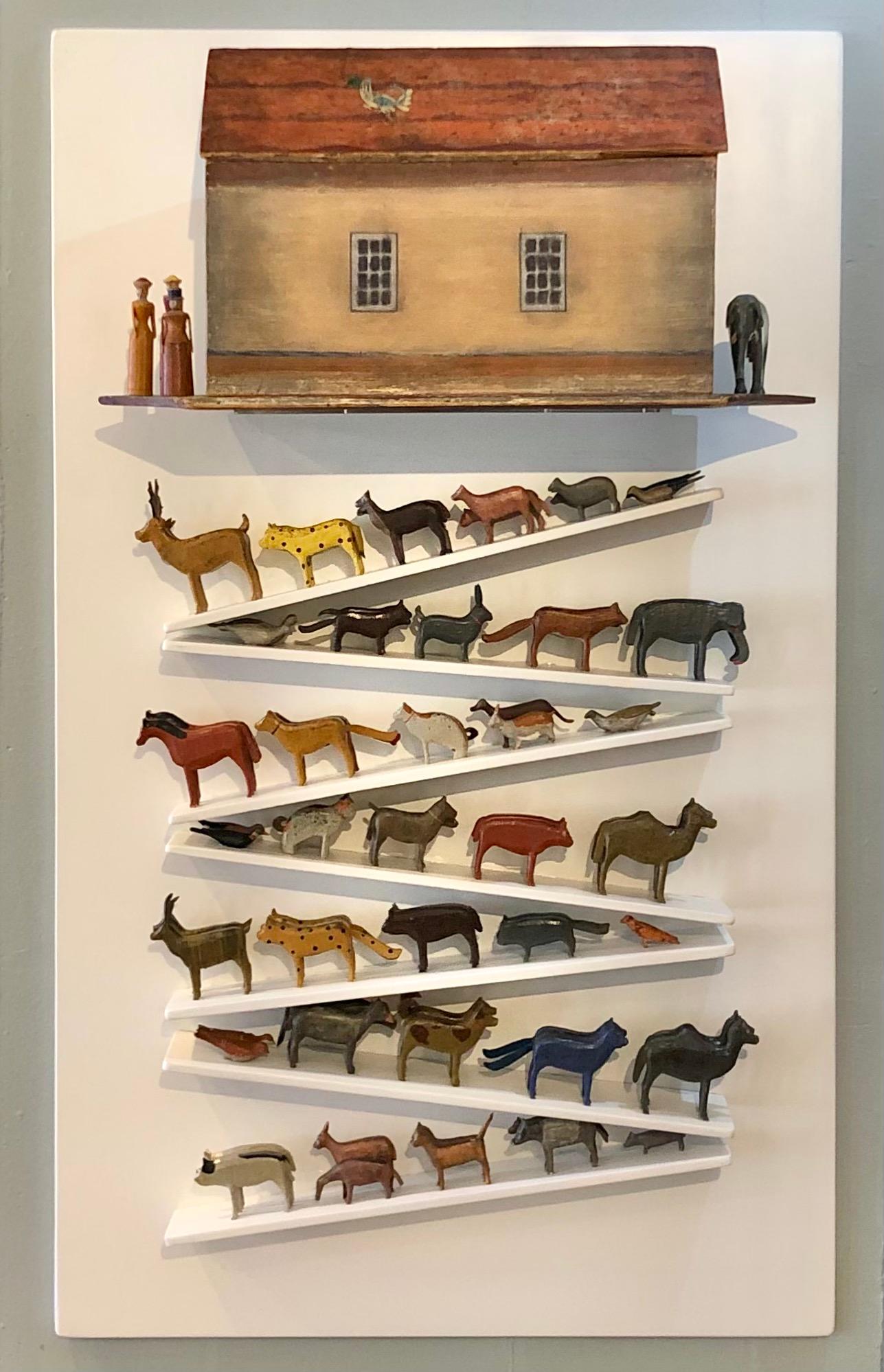 Made in the 19th and early 20th century in Erzgebirge Germany. This example is from the 19th century and displayed on a custom wall mount that gives it a contemporary art feel. The ark measures 20.5