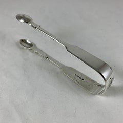 19th Century Estate Sterling Silver Serving English Fiddle Sugar Tongs, 1865