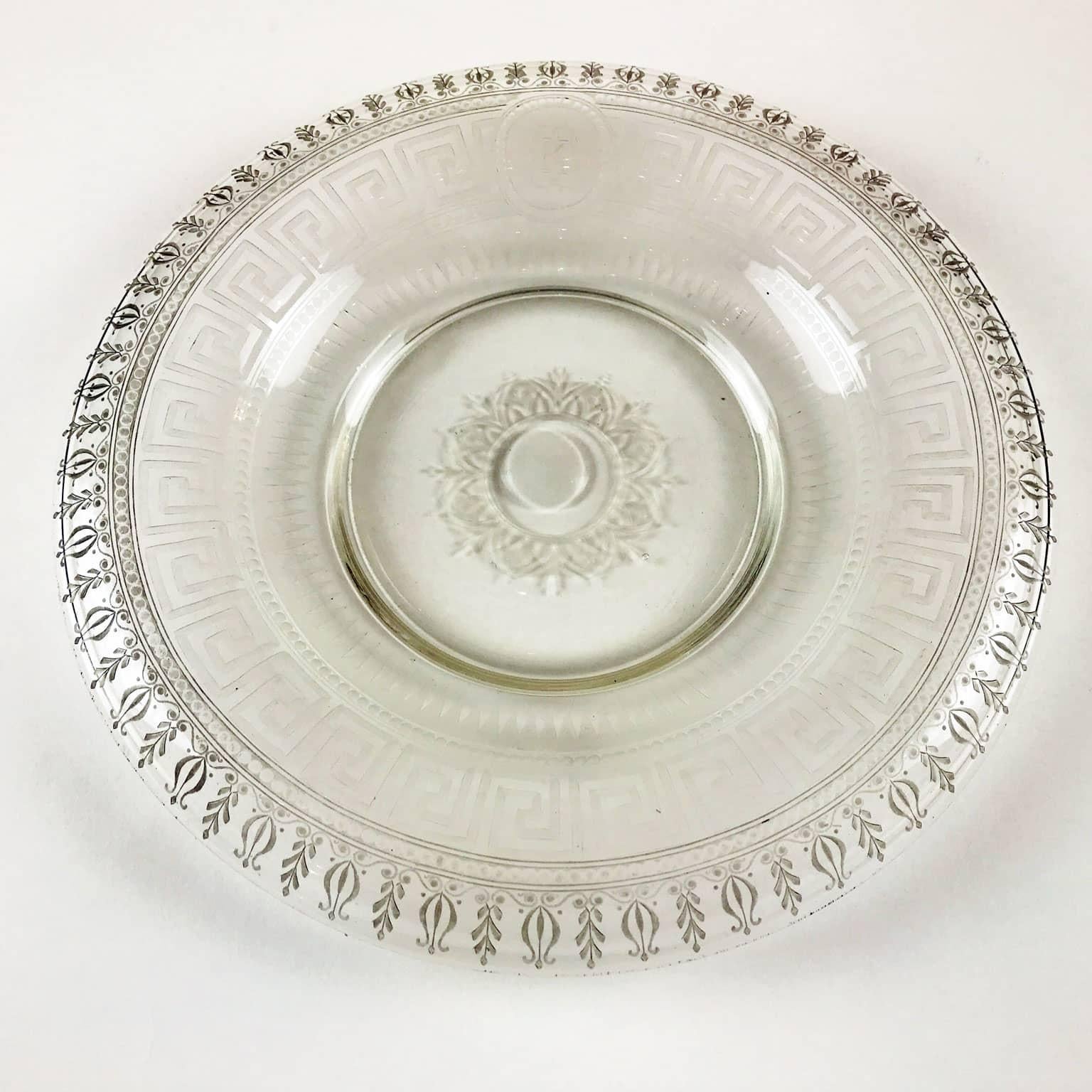 19th Century Bohemian circular etched glass dish with Neoclassical ornaments, a very fine geometrical and floral engraved decoration and the etched K initial letter. Beautiful etching - an incredible work of art and very high quality glass