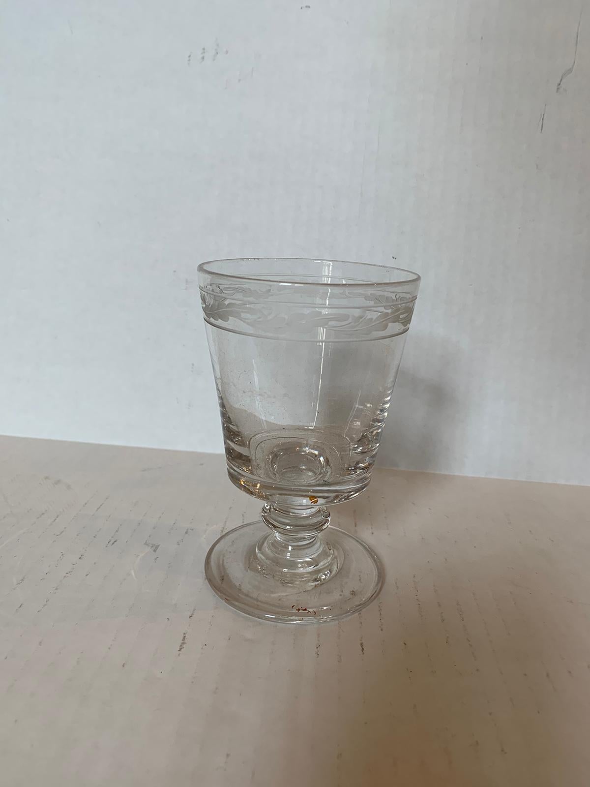 19th century etched glass goblet or chalice with leaf motif.