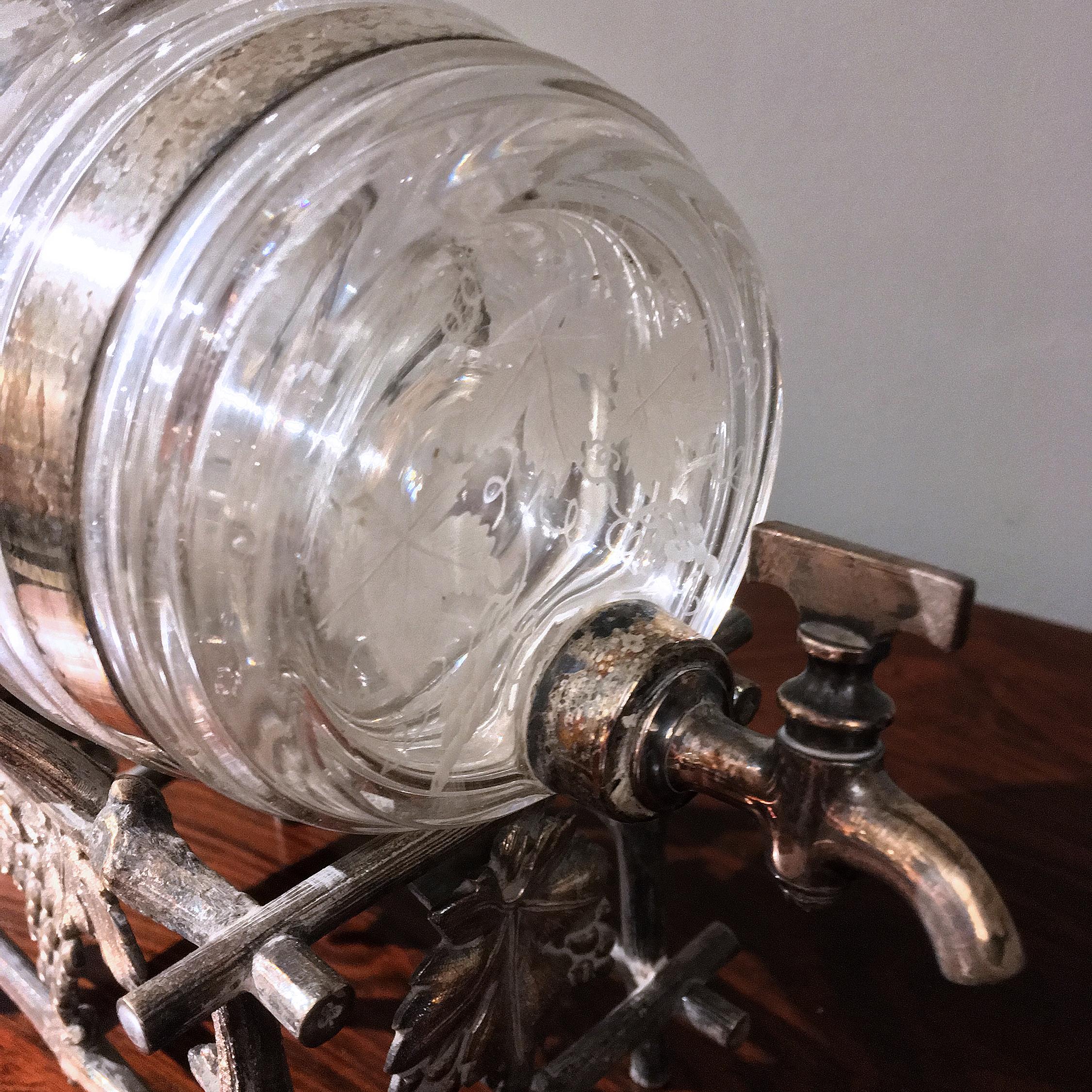 Late 19th Century 19th Century Etched Glass Liquor Barrel on a Silver Plated Stand