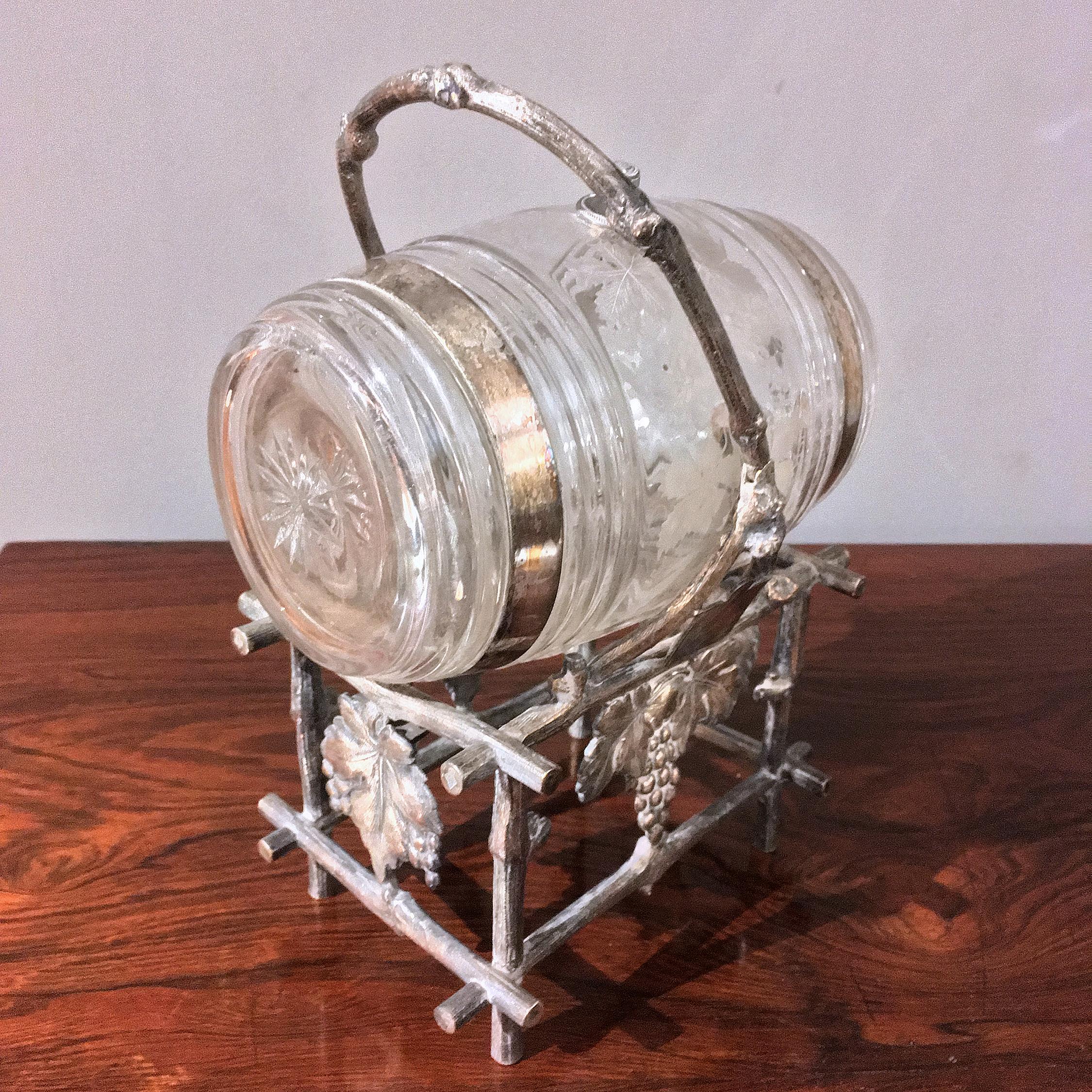 19th Century Etched Glass Liquor Barrel on a Silver Plated Stand 1