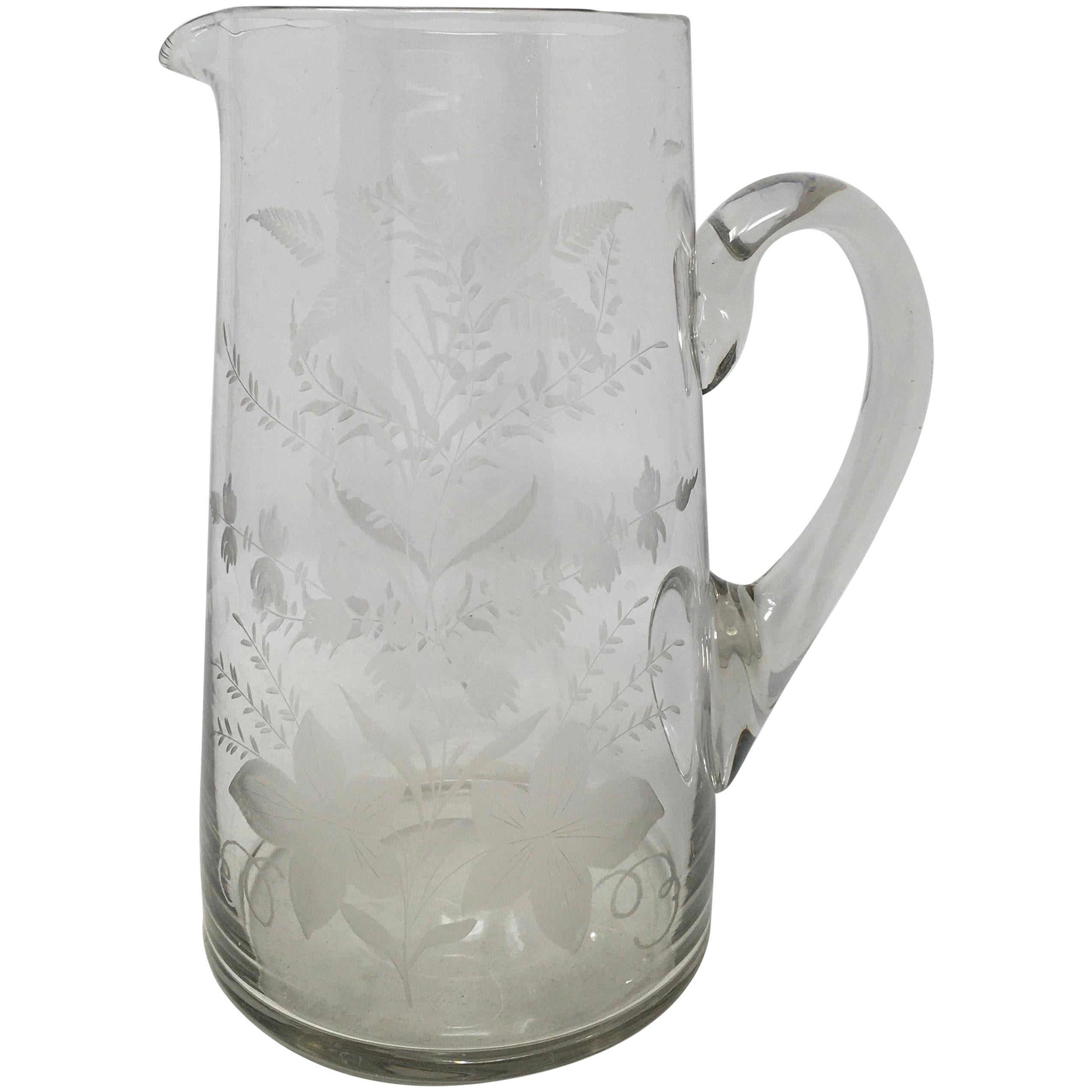 19th Century Etched Glass Pitcher For Sale