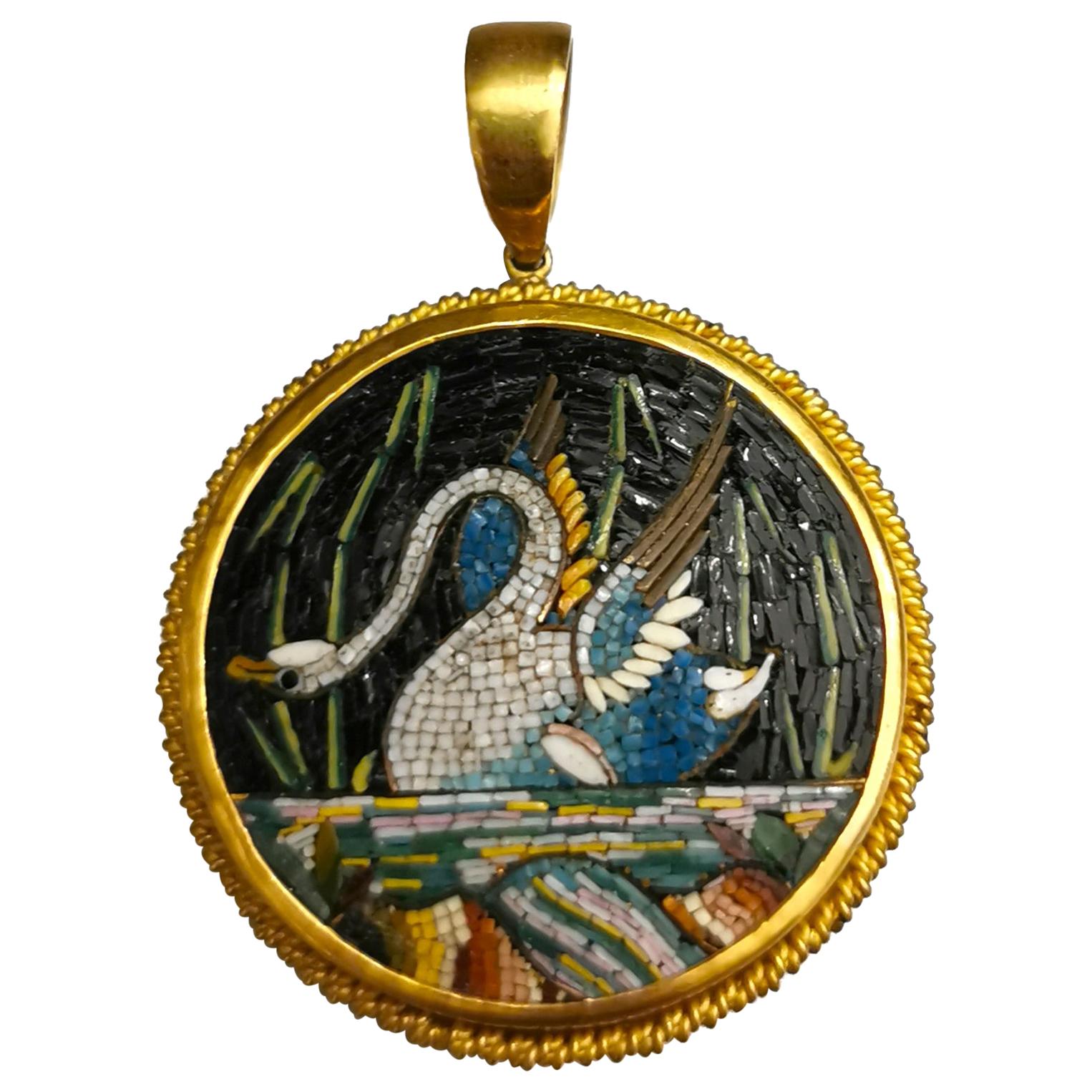 19th Century Etruscan Revival Micromosaic Swan Yellow Gold 22 Karat Pendant