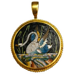 19th Century Etruscan Revival Micromosaic Swan Yellow Gold 22 Karat Pendant